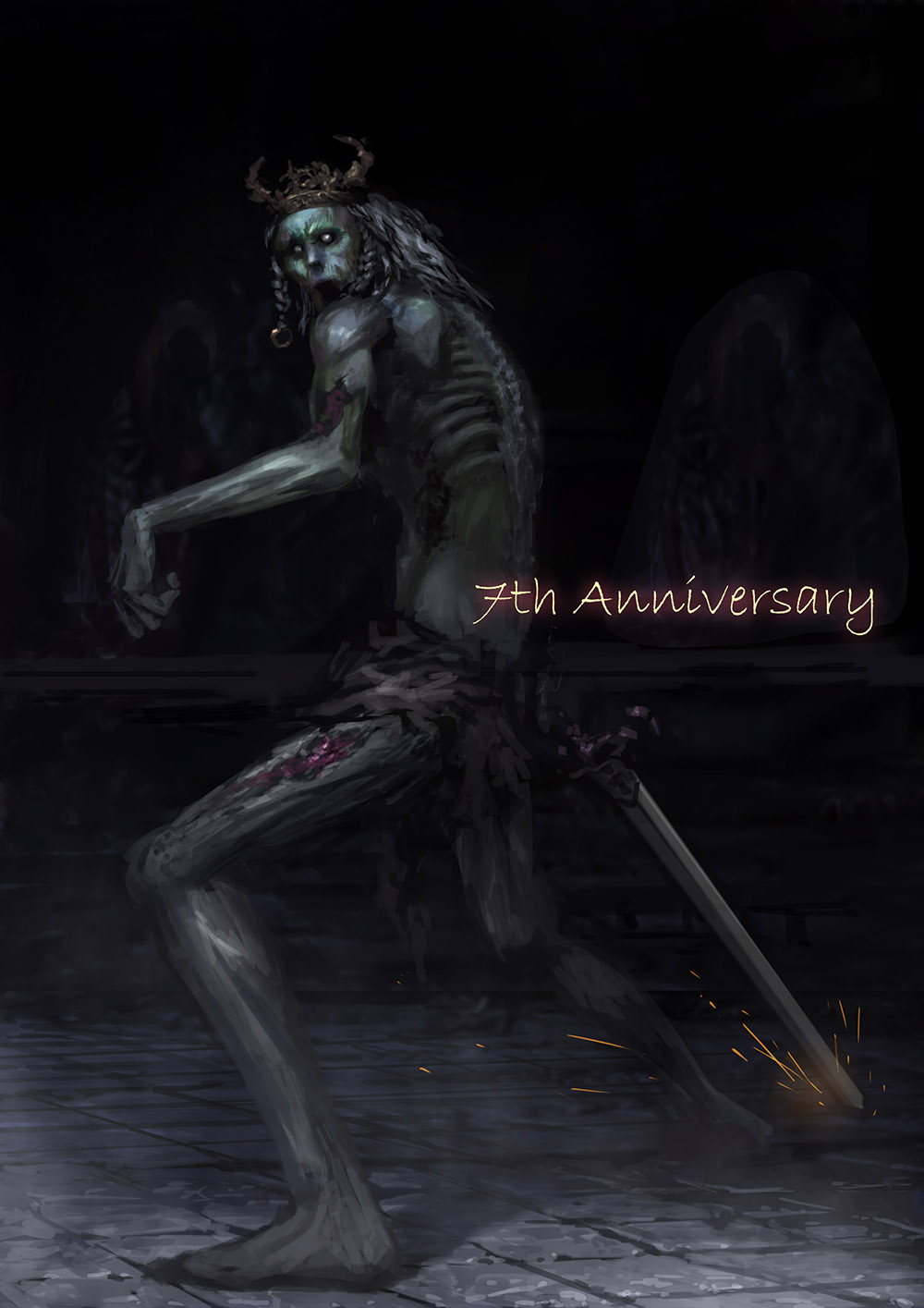 chuno (akiaji81), vendrick (dark souls), dark souls (series), dark souls ii, commentary request, highres, 1boy, anniversary, barefoot, black background, blood, colored skin, crown, full body, green skin, holding, holding sword, holding weapon, indoors, looking at viewer, looking to the side, male focus, ribs, solo, sparks, standing, statue, sword, undead, weapon, zombie