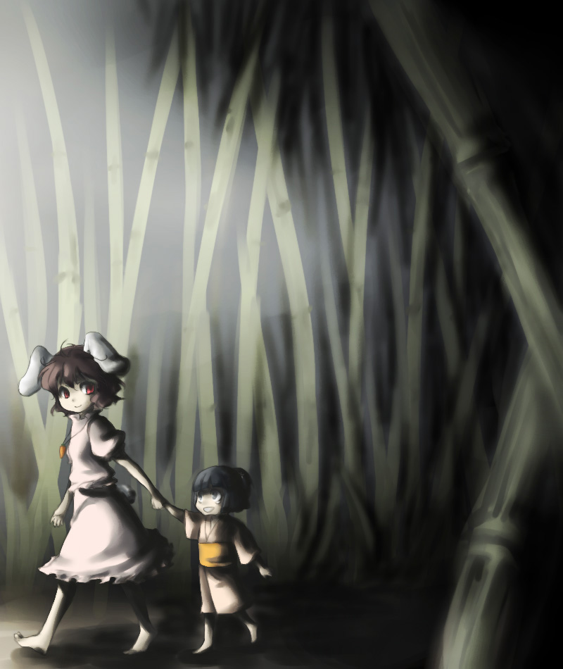 negi (artist), negi (type03), inaba tewi, touhou, bad id, bad pixiv id, 2girls, animal ears, bamboo, bamboo forest, barefoot, black hair, brown hair, carrot, female focus, forest, japanese clothes, multiple girls, nature, rabbit ears, red eyes, short hair