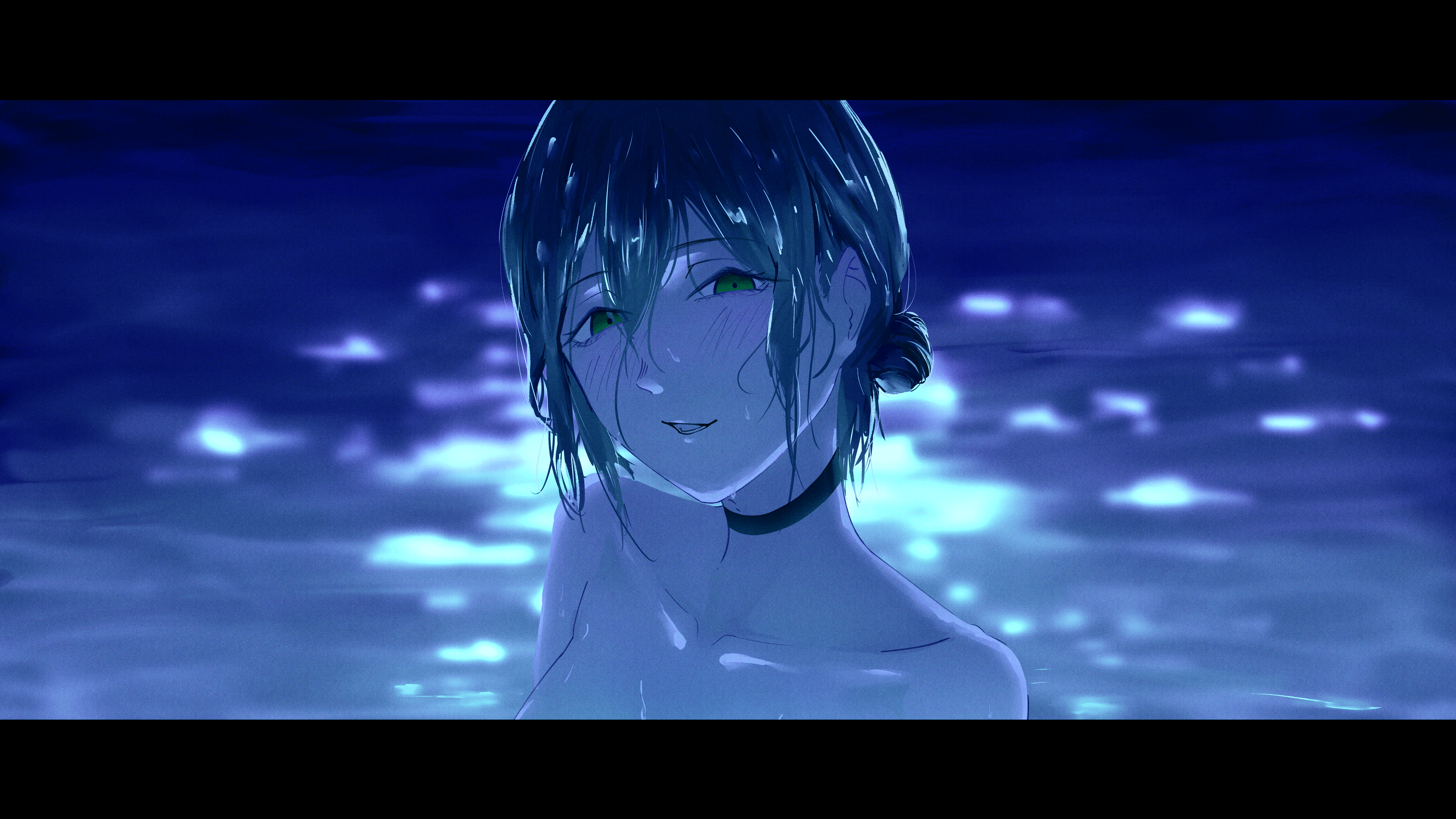 momogu, reze (chainsaw man), chainsaw man, absurdres, highres, 1girl, black choker, blue hair, choker, green eyes, hair bun, light blush, looking at viewer, partially submerged, pool, solo, water, wet, wet hair