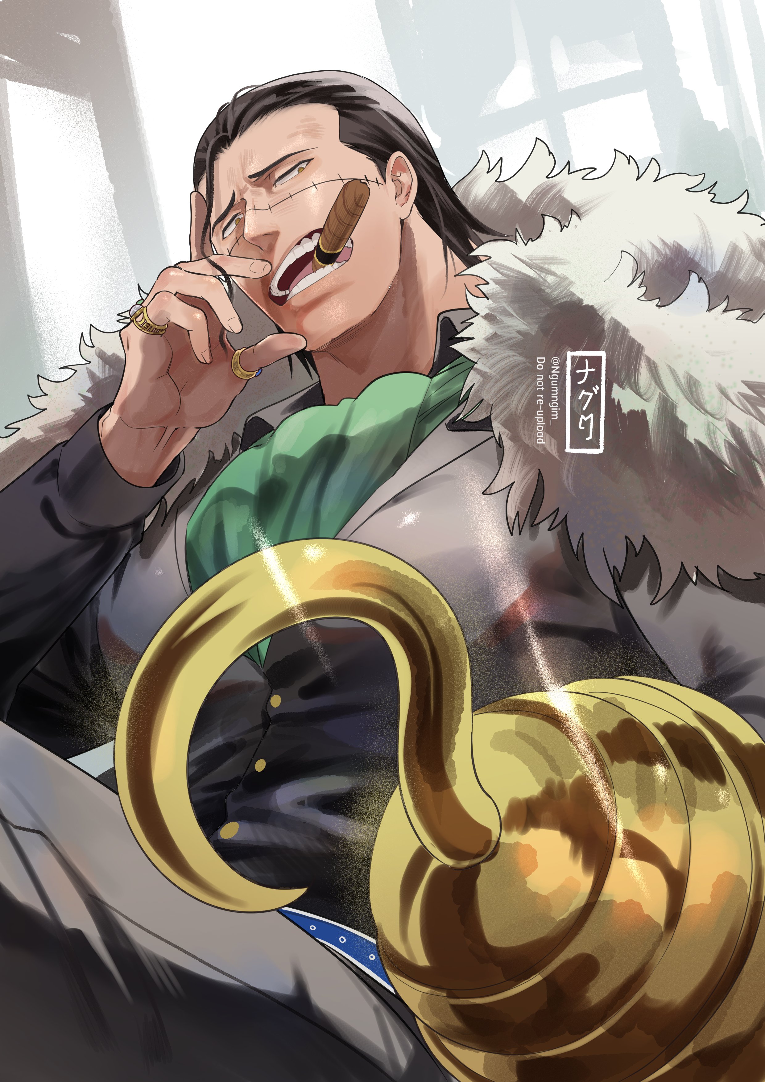 ngumngim, crocodile (one piece), one piece, absurdres, highres, 1boy, ascot, belt, black jacket, brown eyes, coat, fur-trimmed coat, fur trim, green ascot, hair slicked back, hook hand, jacket, jewelry, long sleeves, looking at viewer, male focus, mature male, mouth hold, multiple rings, open mouth, ring, short hair, solo, stitched face, stitches, teeth hold, upper body