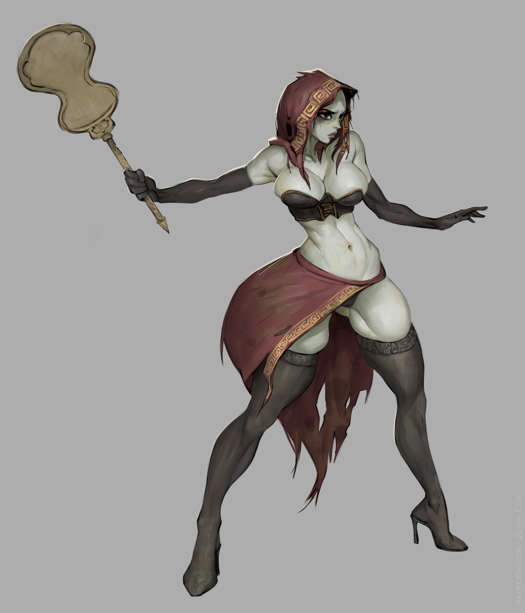 john fox, desert sorceress, dark souls (series), dark souls ii, commentary, english commentary, highres, 1girl, black boots, black gloves, black panties, black tube top, boots, breasts, closed mouth, colored skin, elbow gloves, full body, gloves, grey background, grey skin, hand fan, high heel boots, high heels, holding, holding fan, hood, hood up, large breasts, lips, looking afar, meandros, navel, panties, red eyes, red hood, red skirt, showgirl skirt, simple background, skindentation, skirt, solo, strapless, thigh boots, tube top, underwear
