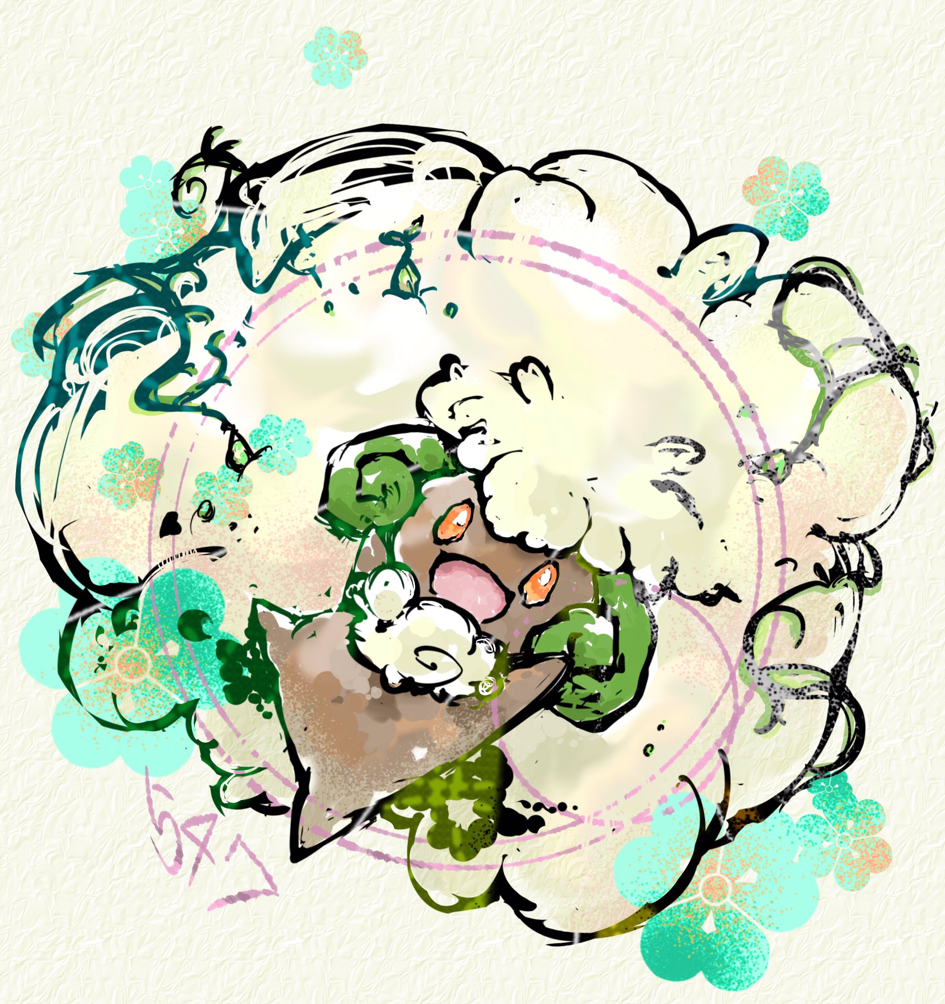 bwmtk1110, whimsicott, nintendo, pokemon, highres, :d, floral background, fluffy, full body, gen 5 pokemon, green horns, horns, looking at viewer, no humans, open mouth, orange eyes, pokemon (creature), simple background, smile, standing, yellow background, yellow eyes