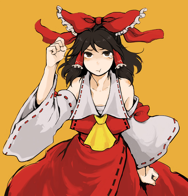 asagi657, asakura noi, hakurei reimu, mountain of faith, touhou, bad id, bad pixiv id, 1girl, angry, bare shoulders, black hair, brown eyes, clenched hand, clenched hands, detached sleeves, female focus, japanese clothes, miko, pout, ribbon, solo, tears