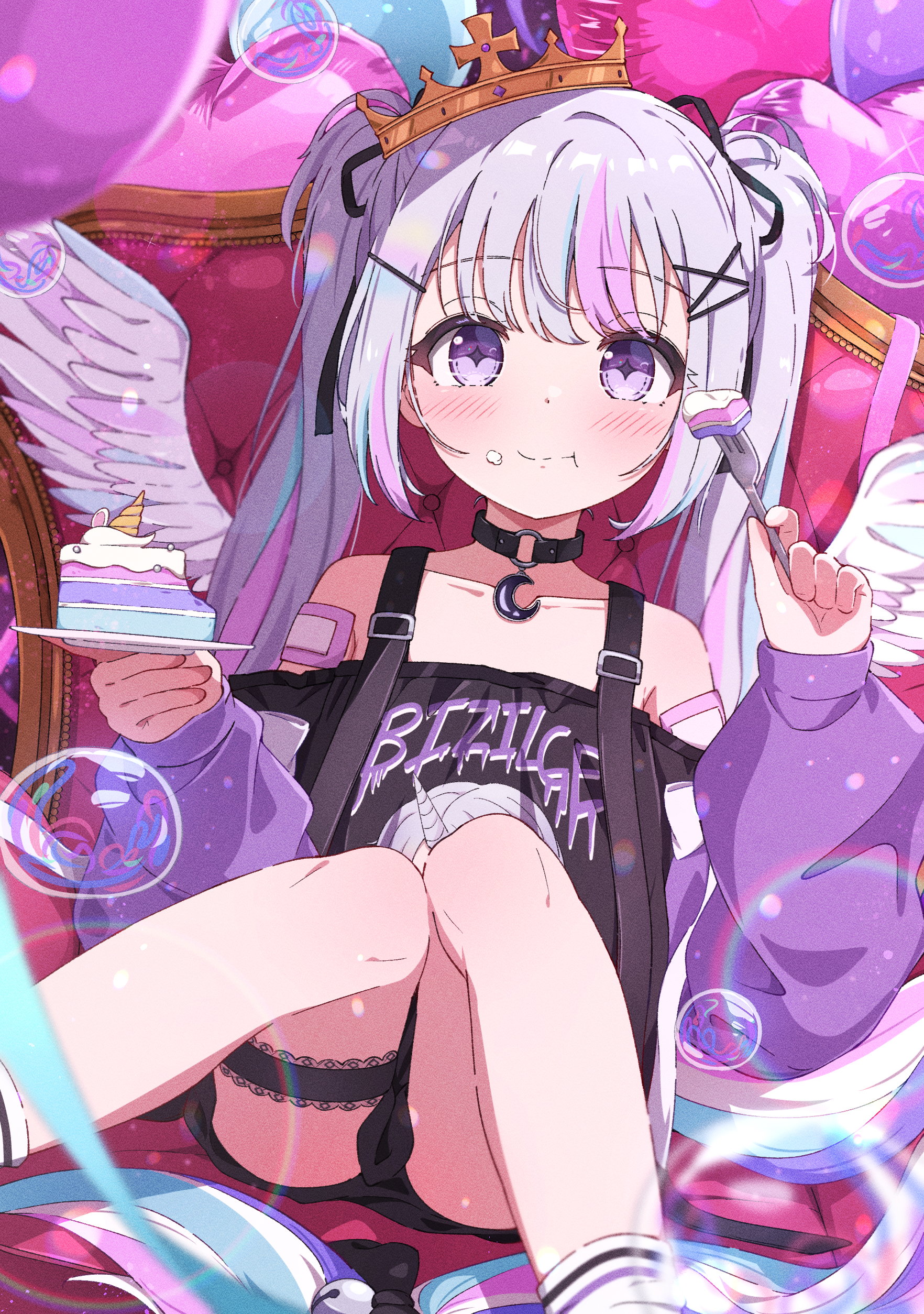 yu wo, ayatsuno yuni, stellive, absurdres, highres, 1girl, bandaid, black choker, black shirt, blush, bubble, cake, choker, closed mouth, eating, food, food on face, fork, grey hair, hair ornament, holding, holding fork, holding plate, long hair, looking at viewer, multicolored hair, o-ring, o-ring choker, off-shoulder shirt, off shoulder, pink hair, plate, purple eyes, shirt, sitting, solo, streaked hair, twintails, virtual youtuber, wings, x hair ornament
