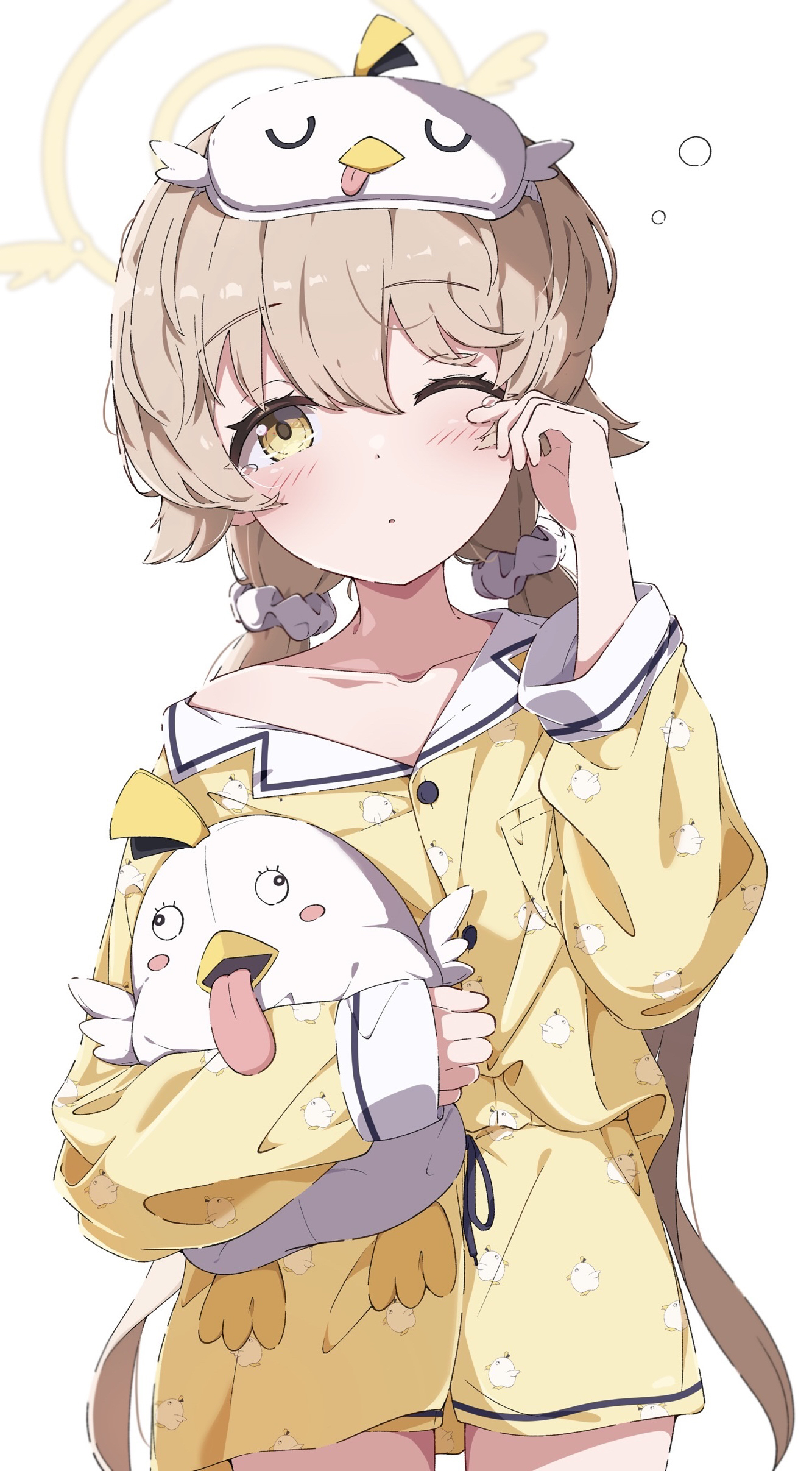 yu wo, hifumi (blue archive), peroro (blue archive), blue archive, absurdres, highres, 1girl, blush, collarbone, hair between eyes, hair ornament, holding, holding stuffed toy, long hair, long sleeves, looking at viewer, low twintails, one eye closed, pajamas, parted lips, rubbing eyes, scrunchie, simple background, single bare shoulder, sleepy, solo, stuffed animal, stuffed toy, twintails, upper body, white background, yellow eyes