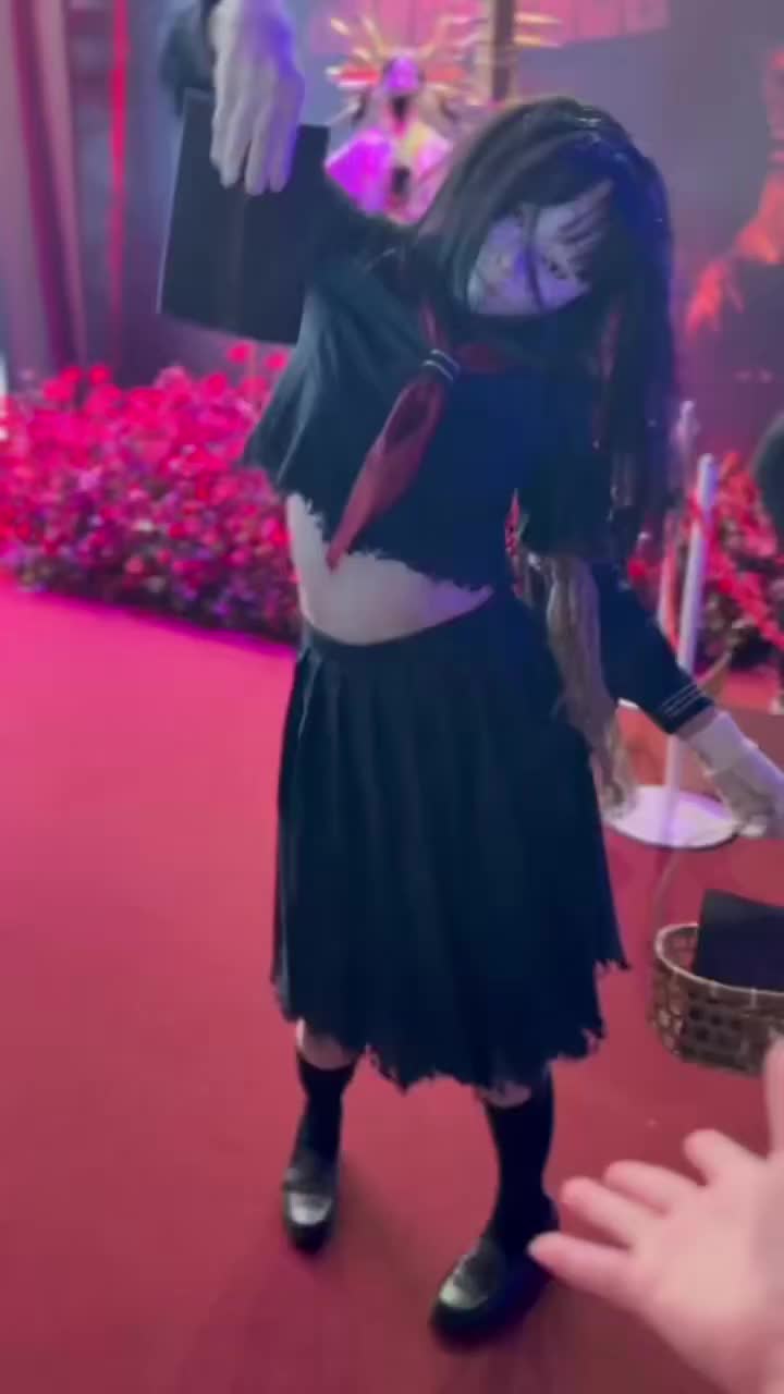 ayakakashi, priestess sakuko, real life, silent hill (series), silent hill f, animated, highres, photo (medium), tagme, video, ayakakashi (cosplay), bent over, black eyes, black hair, black serafuku, black shirt, black skirt, breasts, cosplay, expressionless, hair between eyes, japanese (nationality), logo, looking at another, looking at viewer, midriff, navel, neckerchief, photo (object), red neckerchief, rope, rope marks, school uniform, sculpture, serafuku, shaded face, shirt, short hair, skirt, smile, torn clothes, torn shirt, torn skirt, underboob, walking