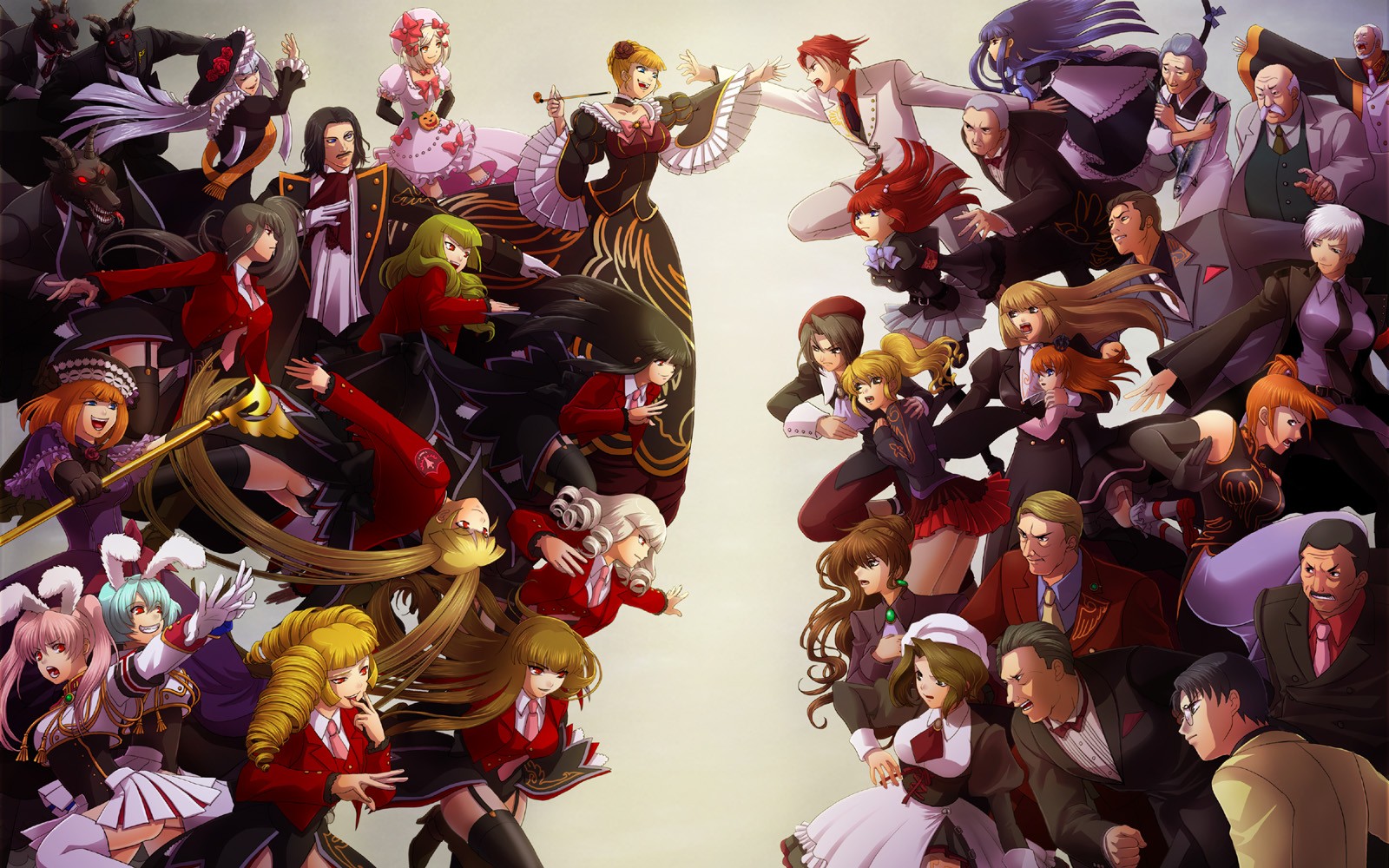 moco+, beatrice (umineko), chiester410, chiester45, eva beatrice, frederica bernkastel, gouda toshirou, kanon (umineko), lambdadelta, ronove (umineko), shannon (umineko), stakes of purgatory, ushiromiya ange, ushiromiya battler, ushiromiya eva, ushiromiya george, ushiromiya hideyoshi, ushiromiya jessica, ushiromiya kinzou, ushiromiya krauss, ushiromiya maria, ushiromiya natsuhi, ushiromiya rosa, virgilia (umineko), umineko no naku koro ni, highres, 6+boys, 6+girls, animal ears, armor, black hair, blonde hair, choker, demon, dress, drill hair, everyone, fighting, formal clothes, frills, glasses, hat, hug, long hair, maid, multiple boys, multiple girls, parody, pink hair, rabbit ears, red hair, short hair, smile, staff, suit, thighhighs, twintails
