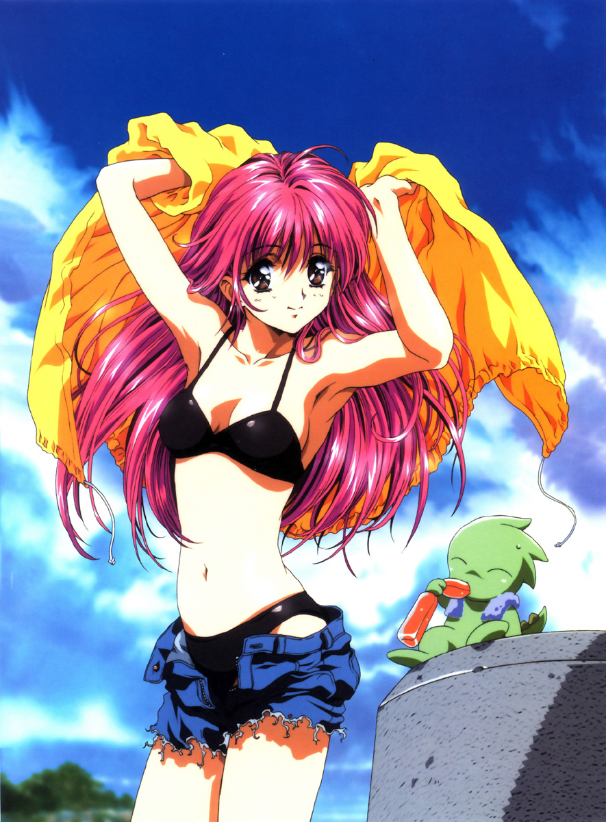 kawarajima kou, highres, 1990s (style), armpits, arms up, bikini, black bikini, brown eyes, day, denim, denim shorts, long hair, open fly, pink hair, retro artstyle, shorts, solo, swimsuit, unzipped