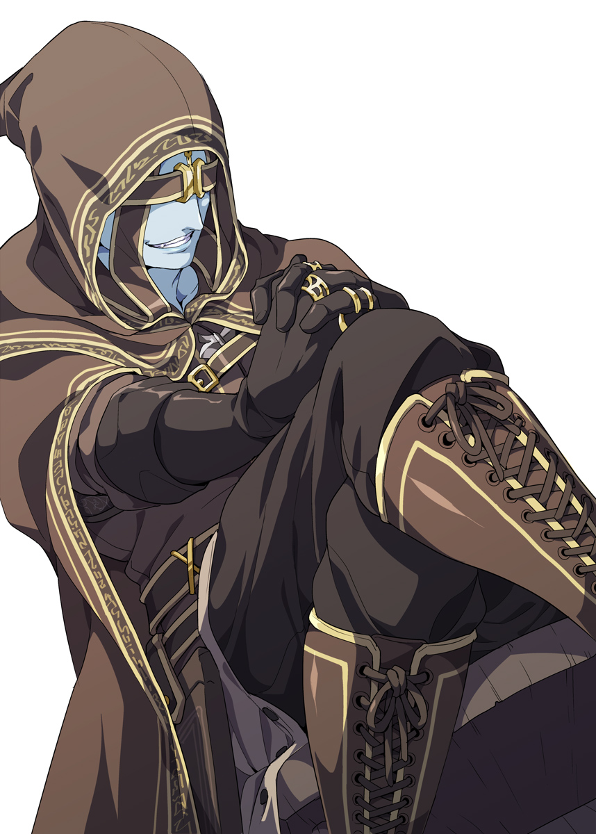 am (blackant), dark souls (series), dark souls ii, commentary request, highres, 1boy, black gloves, black pants, blindfold, blue skin, boots, brown boots, brown cloak, brown shirt, cloak, colored skin, crossed legs, feet out of frame, gloves, grin, hood, hood up, hooded cloak, interlocked fingers, jewelry, lace-up boots, male focus, multiple rings, own hands together, pants, ring, royal sorceror navlaan, shirt, simple background, sitting, smile, solo, white background