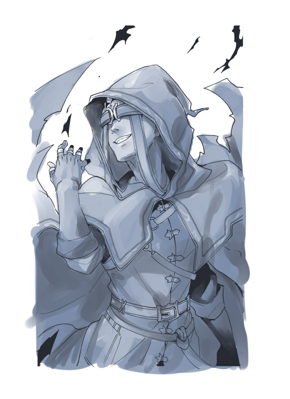 am (blackant), dark souls (series), dark souls ii, commentary request, 1boy, belt, blindfold, cloak, gloves, greyscale, grin, hand up, hood, hood up, hooded cloak, jewelry, male focus, monochrome, multiple rings, ring, royal sorceror navlaan, shirt, smile, solo, upper body