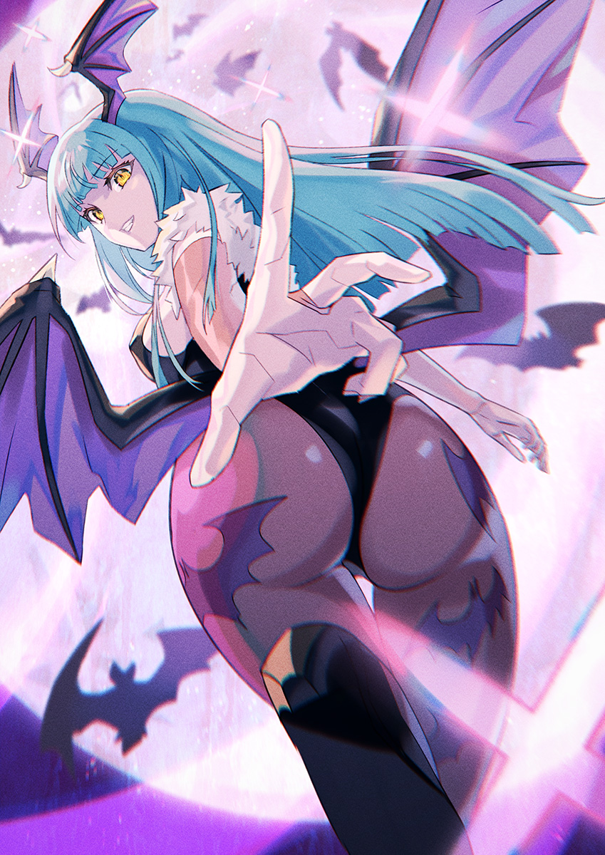 yagi2013, morrigan aensland, darkstalkers, commentary request, highres, partial commentary, revision, 1girl, animal print, aqua hair, ass, bat (animal), bat print, bat wings, breasts, demon girl, detached sleeves, floating, head wings, large breasts, leotard, long hair, long sleeves, looking at viewer, low wings, moon, outstretched arm, pantyhose, print pantyhose, purple pantyhose, skin tight, smile, solo, wings, yellow eyes