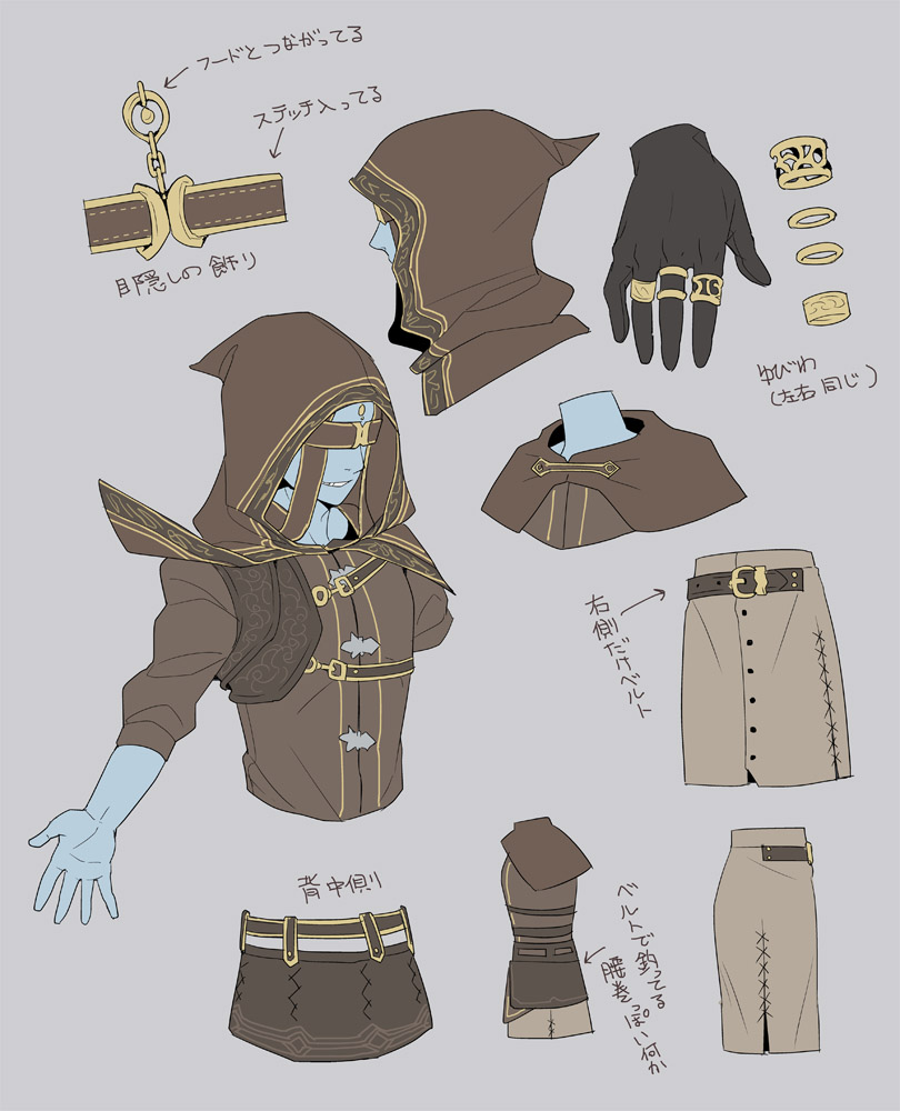 am (blackant), dark souls (series), dark souls ii, commentary request, translation request, 1boy, black gloves, blindfold, blue skin, brown cloak, brown shirt, cloak, colored skin, gloves, grey background, grin, hood, hood up, hooded cloak, jewelry, male focus, multiple rings, multiple views, reference sheet, ring, royal sorceror navlaan, shirt, simple background, smile, upper body