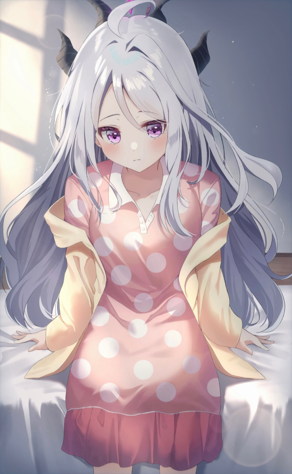 no.054 (adar5857), hina (blue archive), hina (pajamas) (blue archive), blue archive, commentary, highres, 1girl, ahoge, arms at sides, black horns, blush, closed mouth, collarbone, demon girl, demon horns, feet out of frame, frown, grey hair, horns, indoors, long hair, looking at viewer, multiple horns, official alternate costume, on bed, pajamas, parted bangs, pink pajamas, polka dot, polka dot pajamas, purple eyes, sidelocks, single hair intake, sitting, solo, very long hair, window shadow