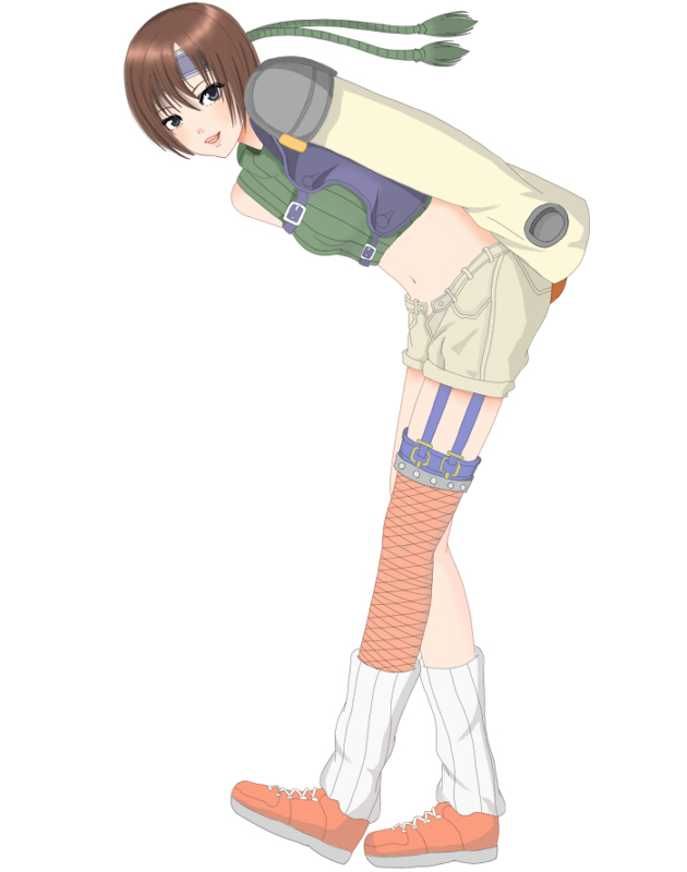 wizu, ninja (final fantasy), yuffie kisaragi, final fantasy, final fantasy vii, bad id, bad pixiv id, 1990s (style), 1girl, armor, bare shoulders, bent over, brown eyes, brown hair, female focus, fishnets, headband, loose socks, midriff, ninja, open fly, retro artstyle, short hair, shorts, sleeveless, sleeveless turtleneck, socks, solo, thighhighs, turtleneck, unzipped