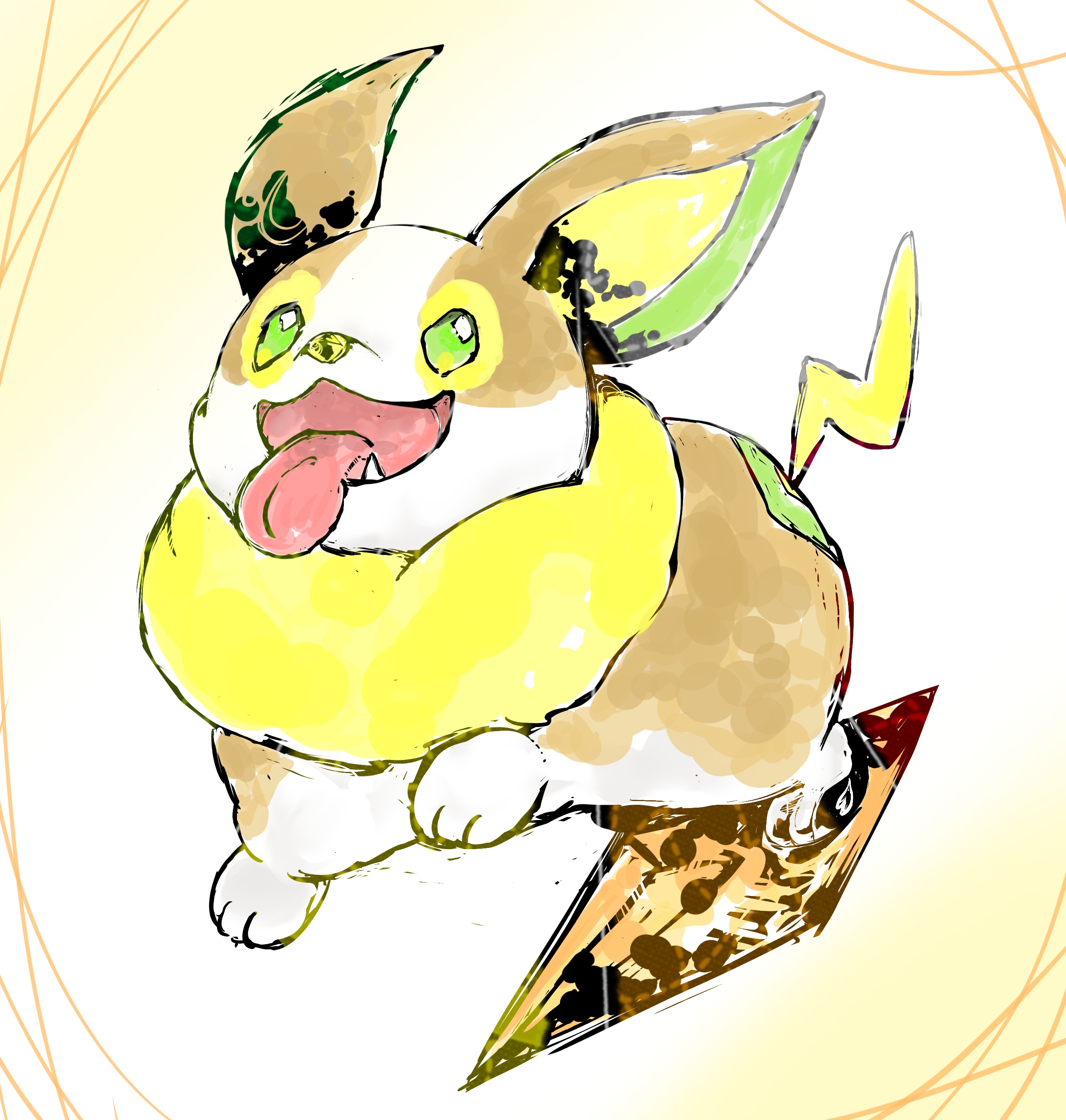 bwmtk1110, yamper, nintendo, pokemon, absurdres, highres, animal hands, brown fur, dog, fang, full body, gen 8 pokemon, green eyes, looking at viewer, no humans, open mouth, pokemon (creature), simple background, standing, tongue, tongue out, white fur, yellow background, yellow fur