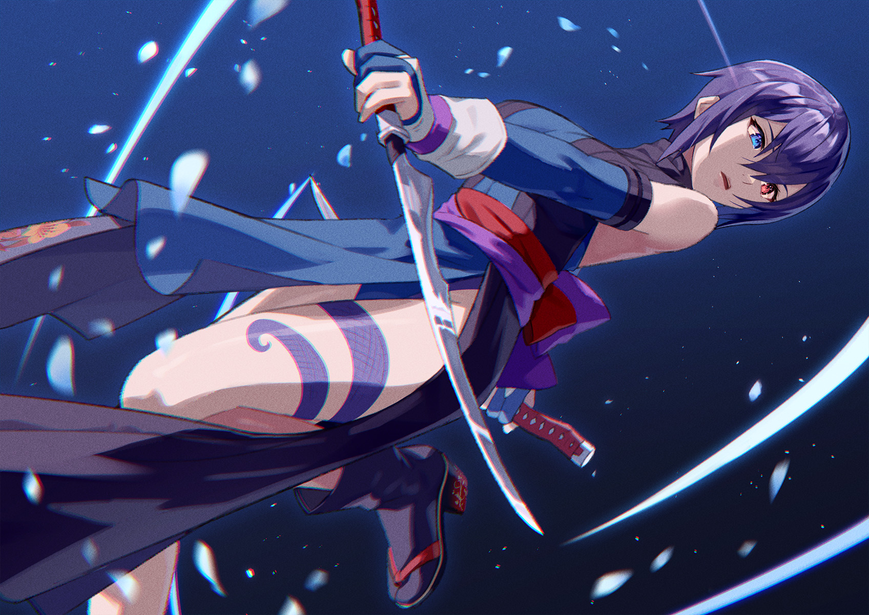 yagi2013, shiki (samurai spirits), samurai spirits, highres, revision, 1girl, ainu clothes, backless outfit, blue eyes, blue gloves, dual wielding, elbow gloves, gloves, hair between eyes, heterochromia, holding, holding sword, holding weapon, leg tattoo, ninja, obi, parted lips, partially fingerless gloves, purple hair, red eyes, reverse grip, sash, short hair, short sword, side slit, sidelocks, snake tattoo, solo, sword, tantou, tattoo, weapon