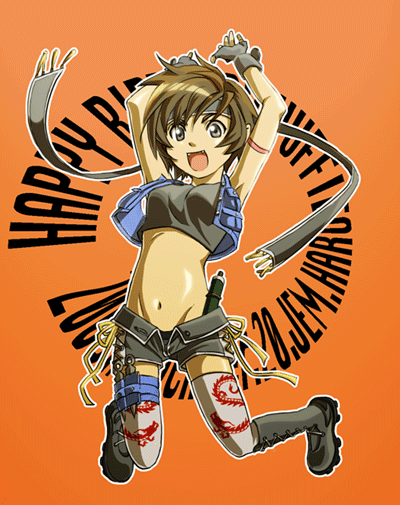 hariyama (toubou tengoku), yuffie kisaragi, final fantasy, final fantasy vii, final fantasy vii advent children, bad id, bad pixiv id, 00s, 1990s (style), 1girl, arms up, boots, breasts, brown eyes, brown hair, fang, fangs, female focus, fingerless gloves, full body, gloves, jumping, midriff, open fly, shorts, smile, solo, tank top, thighhighs, unzipped, vest