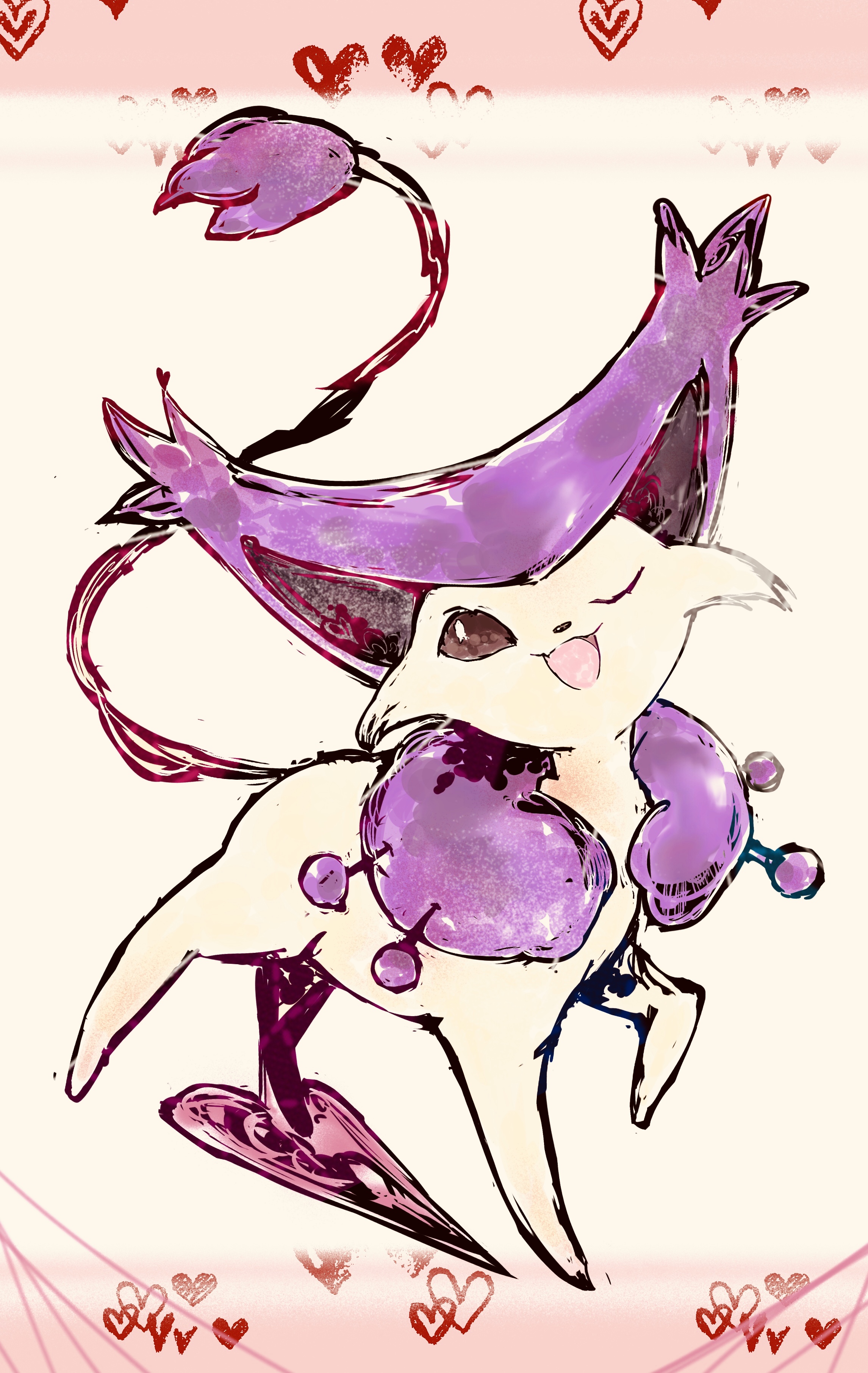 bwmtk1110, delcatty, nintendo, pokemon, absurdres, highres, animal focus, border, brown eyes, cat, fluffy, full body, gen 3 pokemon, heart, looking at viewer, neck fur, no humans, one eye closed, open mouth, pink border, pokemon (creature), purple fur, simple background, solo, standing, white background, yellow fur