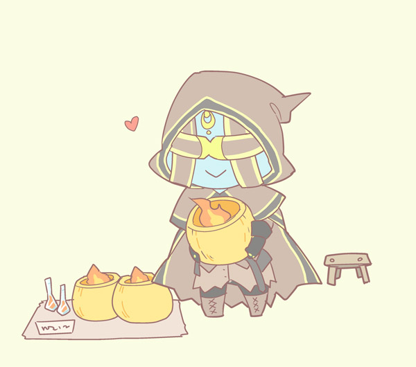 am (blackant), dark souls (series), dark souls ii, commentary request, 1boy, black gloves, blindfold, blue skin, bonfire (dark souls), brown cloak, brown shirt, chibi, chibi only, cloak, closed mouth, colored skin, full body, gloves, heart, hood, hood up, hooded cloak, jewelry, male focus, multiple rings, ring, royal sorceror navlaan, shirt, simple background, smile, solo, stool, yellow background