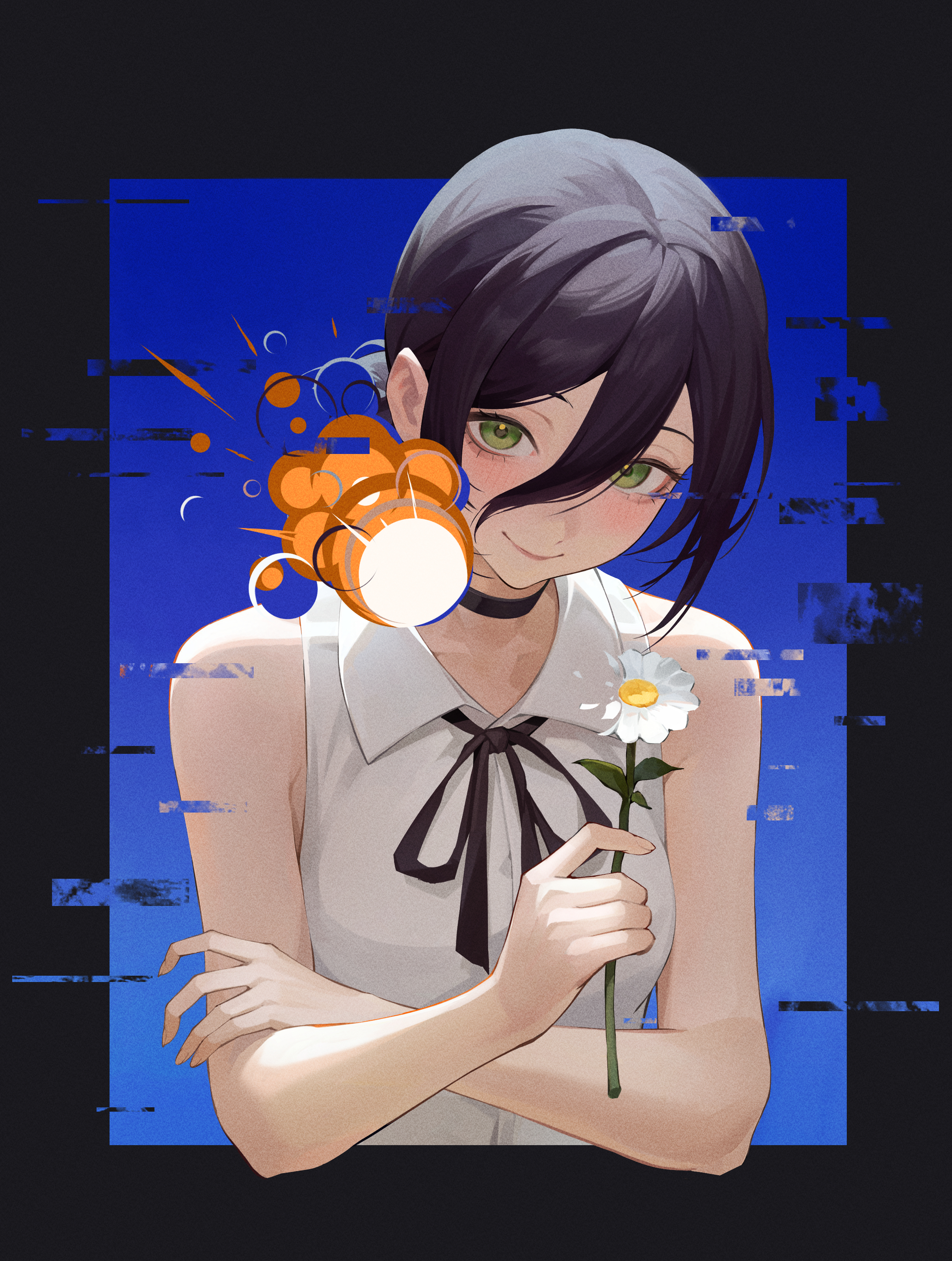 iamc95, reze (chainsaw man), chainsaw man, absurdres, highres, 1girl, black choker, black hair, black ribbon, choker, closed mouth, collared shirt, crossed arms, explosion, flower, glitch, green eyes, grenade pin, hair between eyes, hair bun, holding, holding flower, looking at viewer, neck ribbon, ribbon, shirt, sleeveless, sleeveless shirt, smile, solo, white flower, white shirt