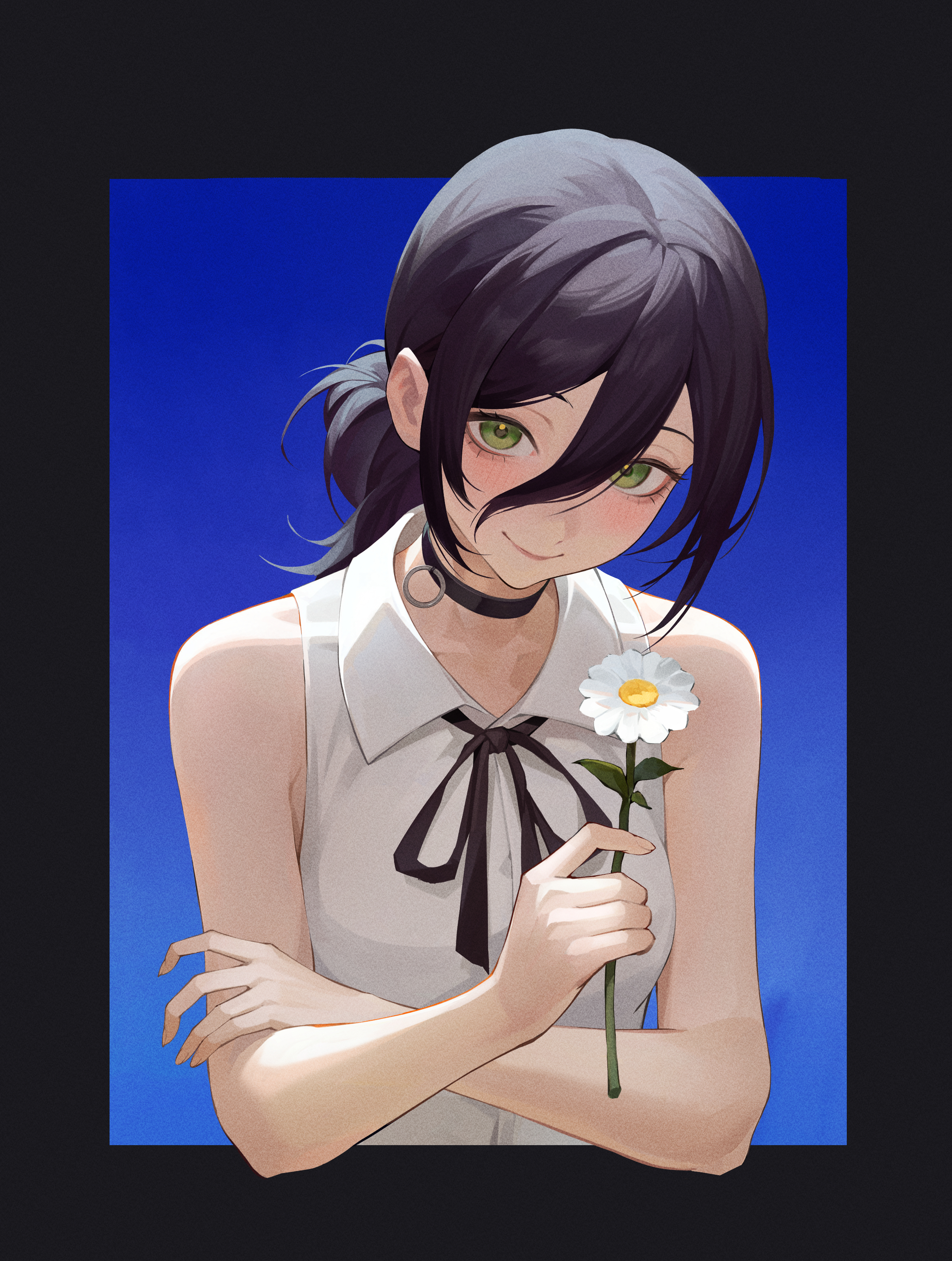 iamc95, reze (chainsaw man), chainsaw man, absurdres, highres, 1girl, black choker, black hair, black ribbon, choker, closed mouth, collared shirt, crossed arms, flower, green eyes, grenade pin, hair between eyes, hair bun, holding, holding flower, looking at viewer, neck ribbon, ribbon, shirt, sleeveless, sleeveless shirt, smile, solo, white flower, white shirt