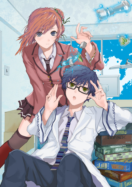 fuyuno haruaki, :o, blue eyes, blue hair, book, glasses, green eyes, red hair, school uniform, serafuku, skirt, smile, thighhighs
