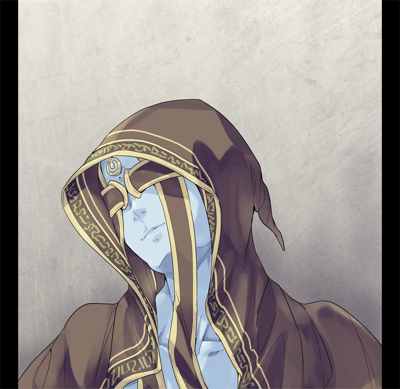 am (blackant), dark souls (series), dark souls ii, commentary request, 1boy, blindfold, blue skin, brown cloak, cloak, colored skin, grey background, hood, hood up, hooded cloak, male focus, pillarboxed, royal sorceror navlaan, smile, solo, upper body