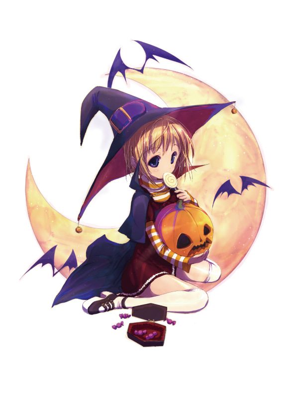 ozaki hiroki, original, 1girl, bat (animal), candy, cape, crescent moon, female focus, food, full body, halloween, hat, jack-o'-lantern, kneehighs, kneeling, lollipop, moon, pumpkin, shirt, simple background, socks, solo, striped clothes, striped shirt, swirl lollipop, turtleneck, white background, witch hat