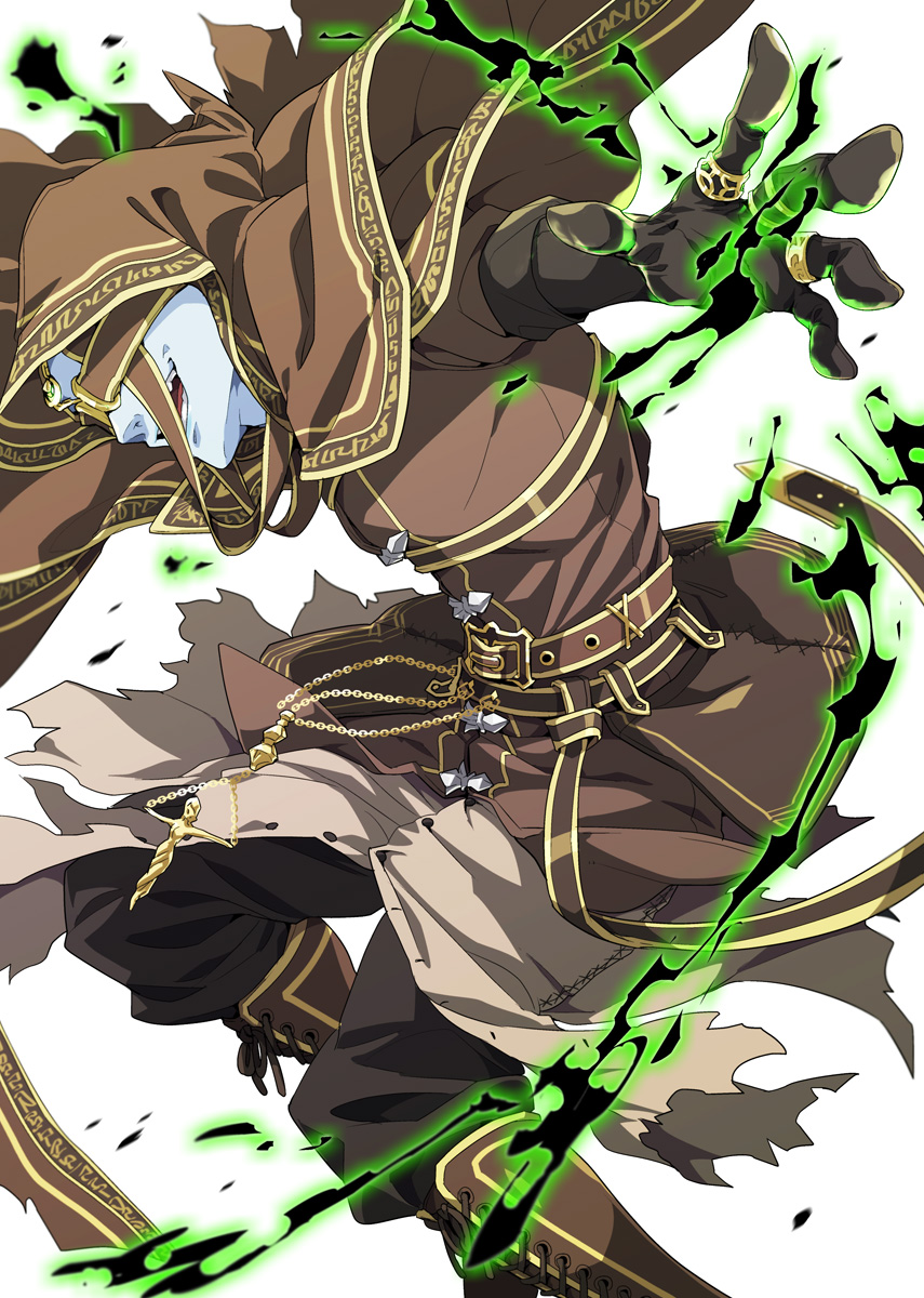 am (blackant), dark souls (series), dark souls ii, commentary request, highres, 1boy, black gloves, black pants, blindfold, blue skin, boots, brown boots, brown cloak, brown shirt, cloak, colored skin, feet out of frame, gloves, hood, hood up, hooded cloak, jewelry, jumping, magic, male focus, multiple rings, open mouth, pants, ring, royal sorceror navlaan, shirt, simple background, smile, solo, torn clothes, torn shirt, white background