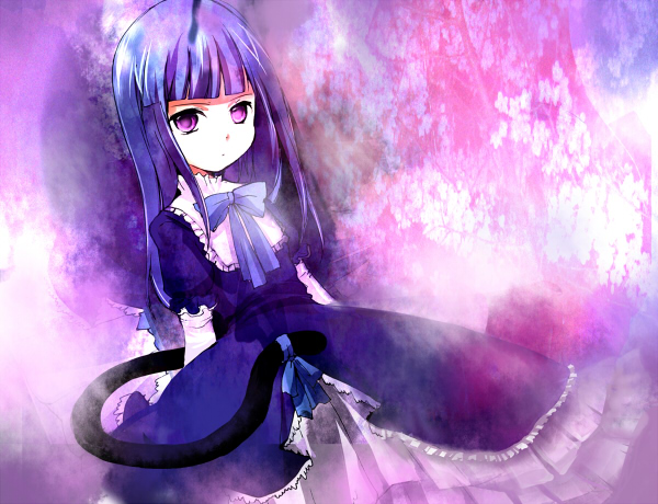 mathnote, frederica bernkastel, umineko no naku koro ni, 00s, blue hair, cat tail, dress, frills, long hair, purple eyes, ribbon, serious, solo, tail, tail ornament, tail ribbon