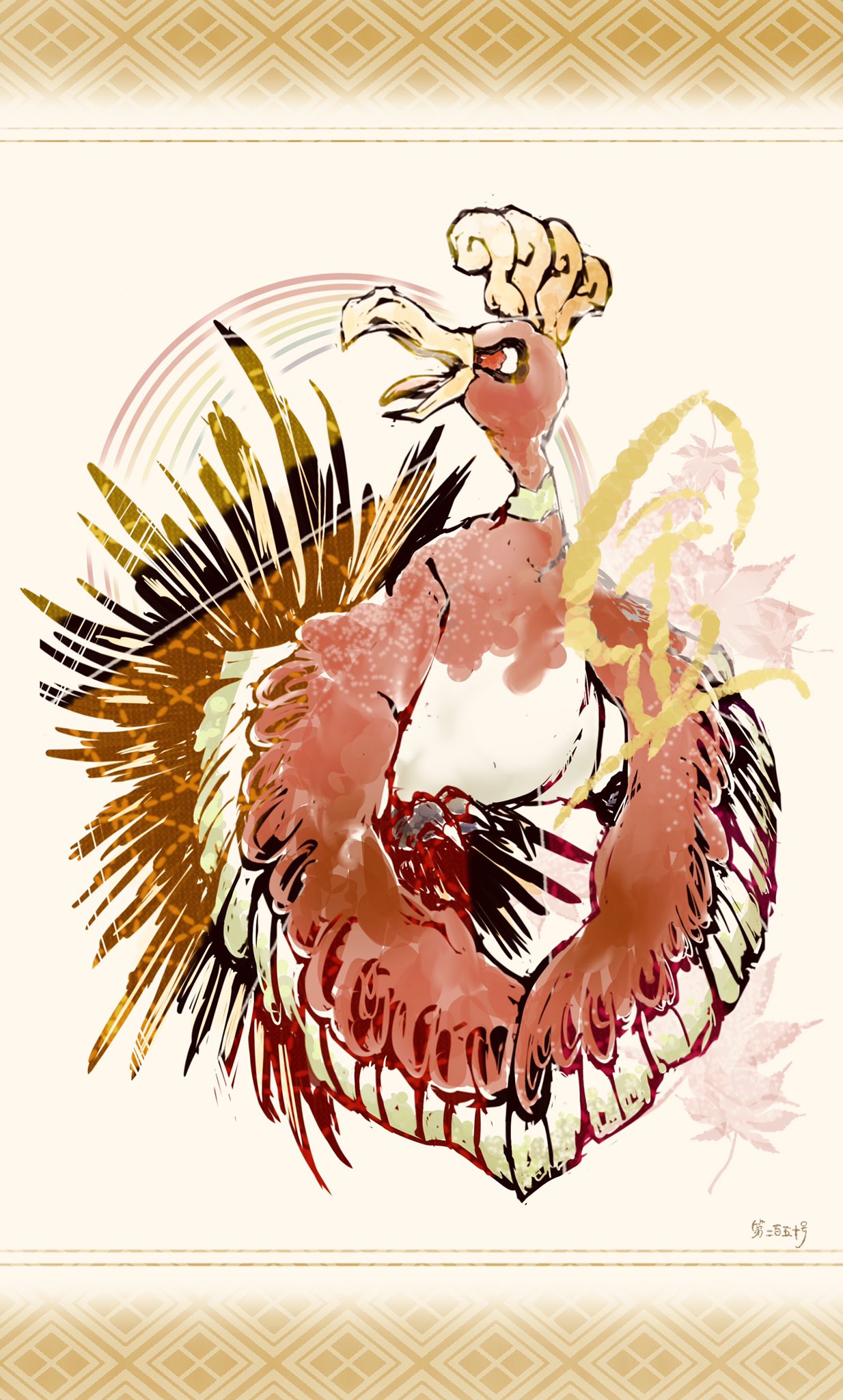 bwmtk1110, ho-oh, nintendo, pokemon, highres, animal focus, beak, bird, border, feathers, flying, full body, gen 2 pokemon, legendary pokemon, looking to the side, no humans, open mouth, plume, pokemon (creature), pokemon focus, red eyes, red feathers, simple background, solo, talons, white background, wings, yellow border