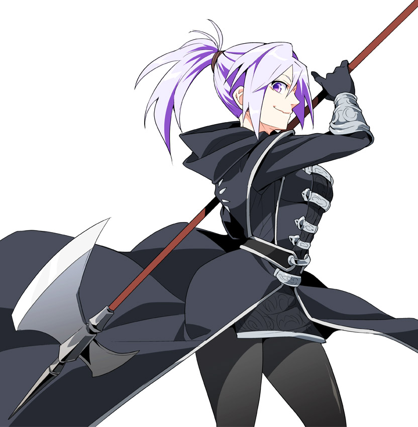 am (blackant), bearer of the curse, dark souls (series), dark souls ii, commentary request, 1girl, black coat, black gloves, black pantyhose, closed mouth, coat, cowboy shot, gloves, halberd, high ponytail, holding, holding polearm, holding weapon, hood, hood down, hooded coat, looking at viewer, pantyhose, polearm, ponytail, purple eyes, purple hair, simple background, smile, solo, weapon, white background