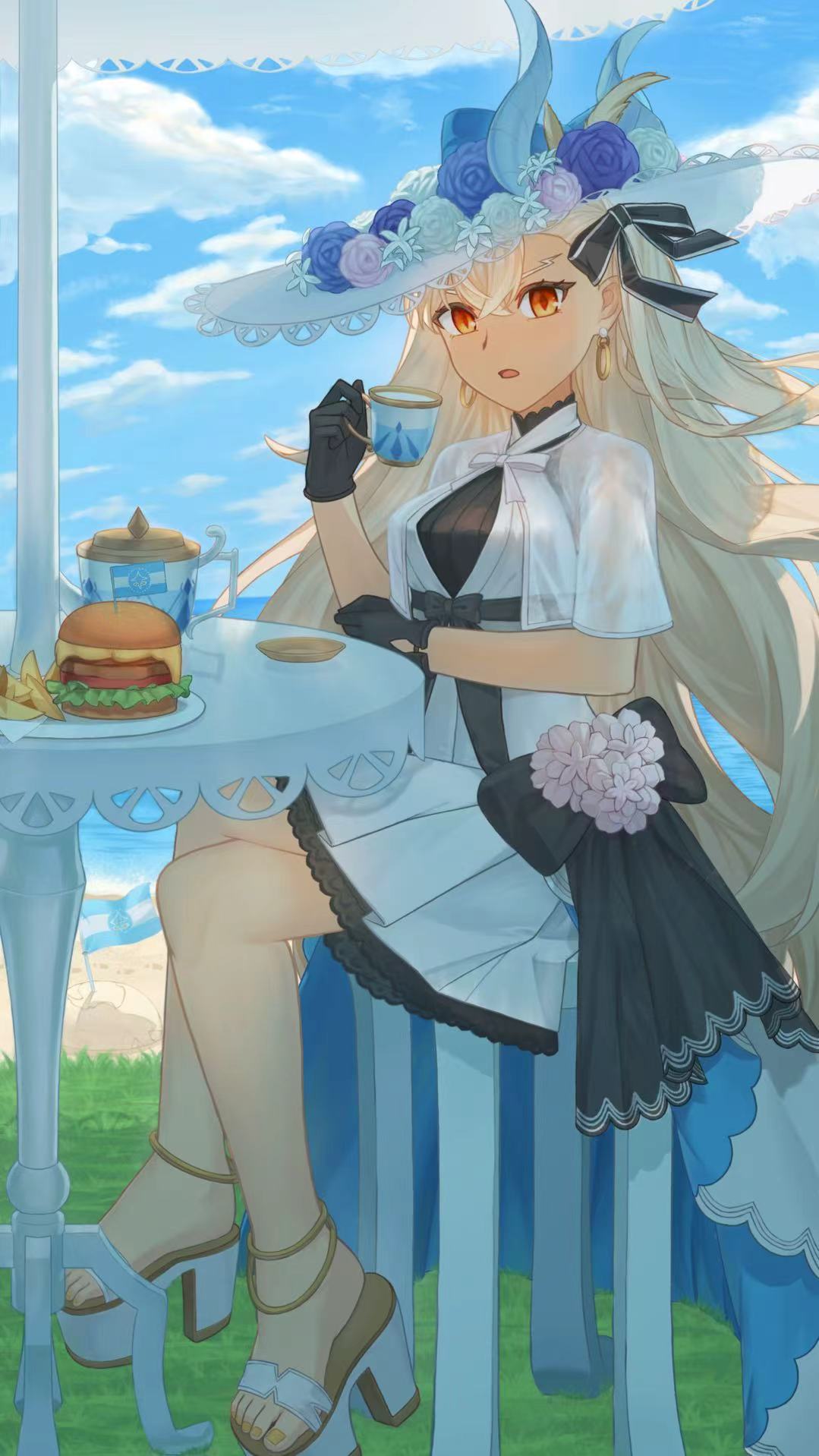 olga marie animusphere, u-olga marie, u-olga marie (first ascension), fate/grand order, fate (series), commentary request, highres, 1girl, black gloves, black ribbon, blue sky, burger, chair, cloud, crossed bangs, crossed legs, cup, dress, earrings, food, gloves, grey hair, hair between eyes, hair ribbon, hat, holding, holding cup, jewelry, lin x, orange eyes, outdoors, ribbon, sitting, sky, solo, sun hat, table, teacup, toenails, white dress, yellow nails
