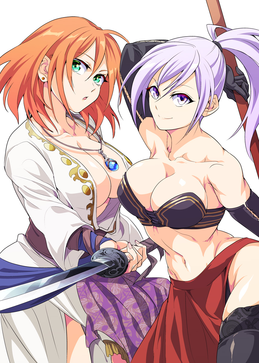 am (blackant), bearer of the curse, desert sorceress, dark souls (series), dark souls ii, commentary request, highres, 2girls, arm up, black gloves, black thighhighs, black tube top, breasts, cleavage, closed mouth, cosplay, cowboy shot, desert sorceress (cosplay), dress, earrings, elbow gloves, gloves, green eyes, holding, holding sword, holding weapon, jewelry, katana, lace, lace-trimmed thighhighs, lace trim, large breasts, looking at viewer, medium hair, midriff, multiple girls, navel, necklace, orange hair, pendant, purple eyes, purple hair, red skirt, simple background, skirt, smile, strapless, stud earrings, sword, thighhighs, tube top, weapon, white background, white dress
