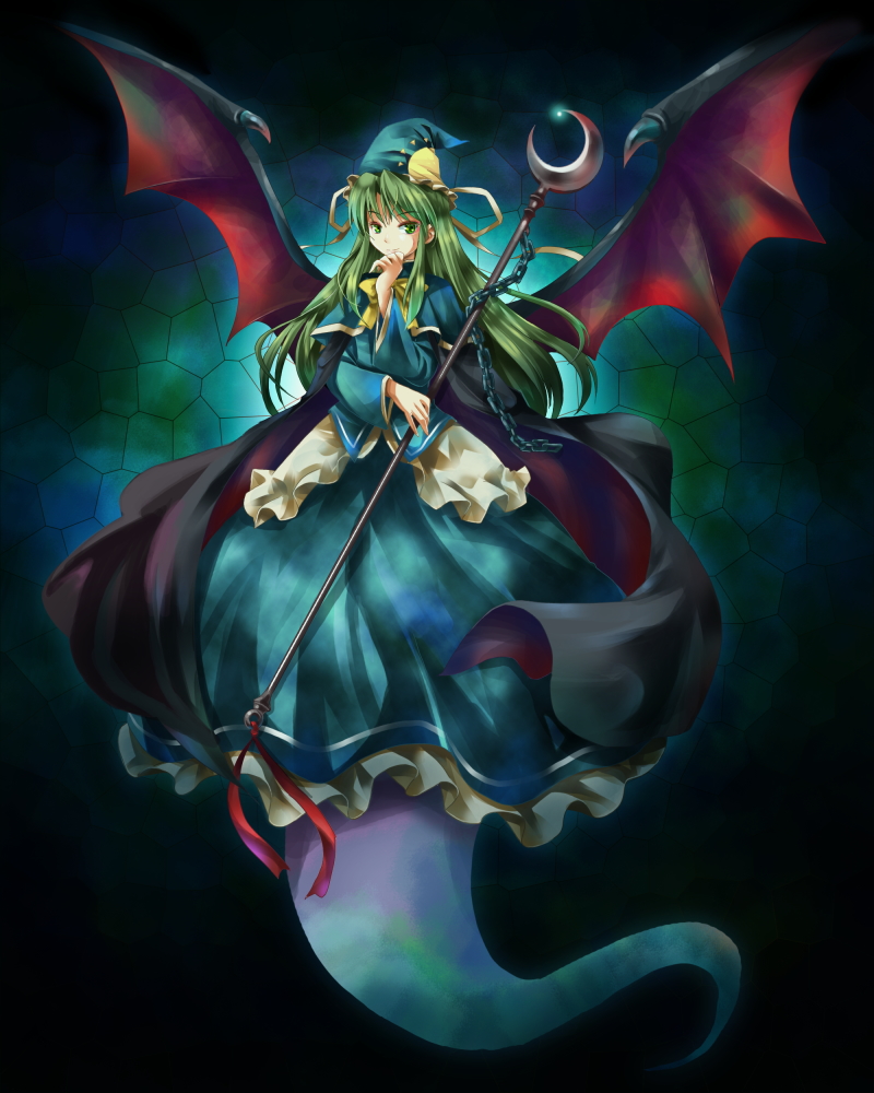michii yuuki, mima (touhou), mystic square, touhou, touhou (pc-98), bad id, bad pixiv id, 1girl, bat wings, bow, bowtie, cape, chain, dark, female focus, full body, ghost, glint, green eyes, green hair, hand to own mouth, hat, hat ribbon, long hair, matching hair/eyes, ribbon, solo, staff, wings, wizard hat