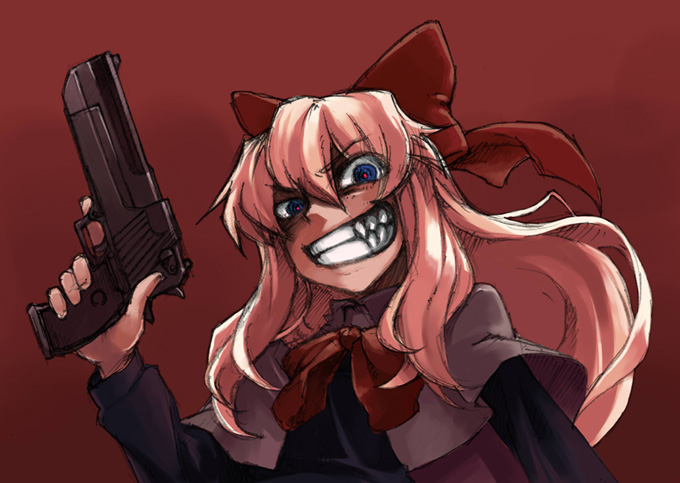 fenne, phenne, shanghai doll, touhou, 1girl, blue eyes, crazy eyes, desert eagle, evil grin, evil smile, fang, female focus, grin, gun, hair ribbon, handgun, holding, holding gun, holding weapon, pink hair, pistol, ribbon, semi-automatic pistol, sketch, smile, solo, trigger discipline, weapon