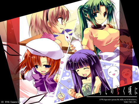fujitaka (akasora), furude rika, houjou satoko, ryuuguu rena, sonozaki mion, higurashi no naku koro ni, lowres, non-web source, 00s, 4girls, blonde hair, card, holding, holding card, multiple girls