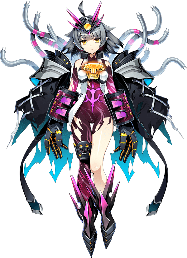 duel masters, duel masters play's, artist request, official art, 1girl, ahoge, black jacket, cable, chest strap, closed mouth, expressionless, full body, grey hair, hair ornament, jacket, key, leotard, mecha musume, medium hair, open clothes, open jacket, purple leotard, shoes, solo, torn clothes, torn leotard, transparent background, vambraces, vest, vivi (duel masters play's), white vest, yellow eyes