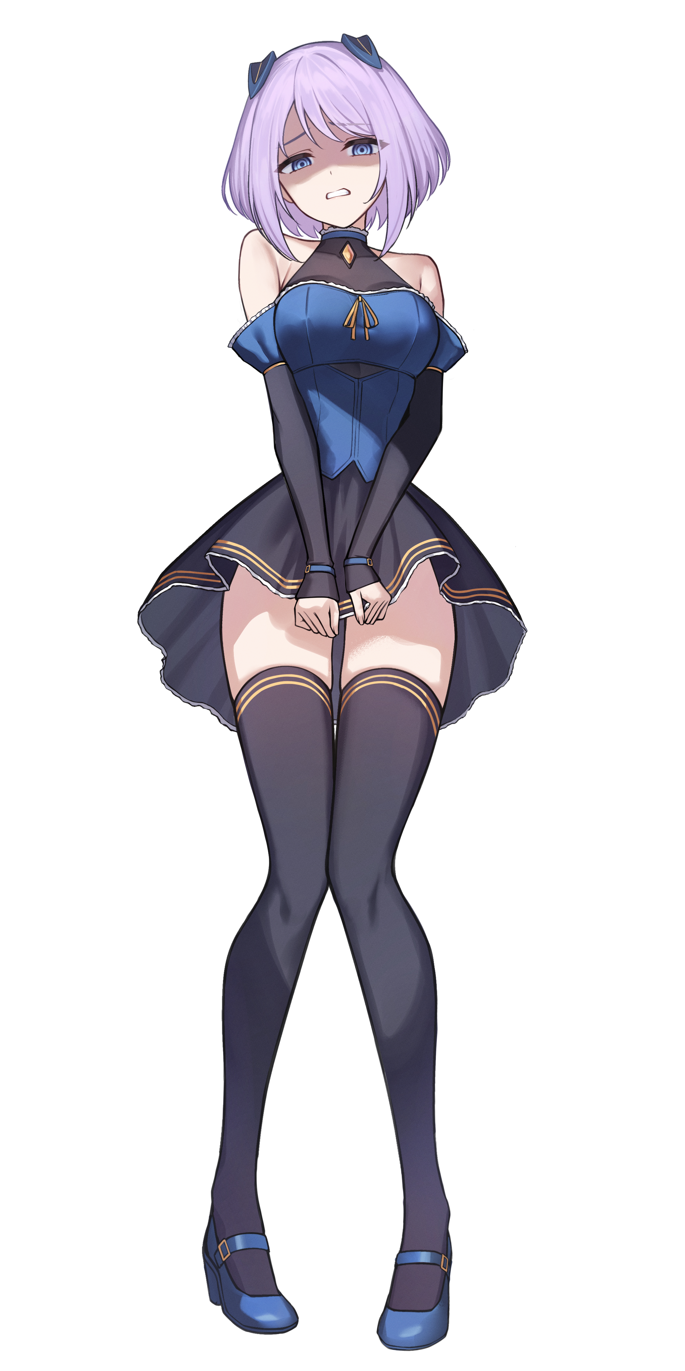 aoi riko, sunrider, absurdres, commentary, commission, english commentary, highres, pixiv commission, 1girl, black dress, black thighhighs, blue eyes, blue shoes, breasts, detached sleeves, disgust, dress, frown, full body, high heels, large breasts, long sleeves, looking at viewer, medium hair, parted lips, purple hair, shoes, simple background, skirt, skirt tug, solo, standing, thighhighs, white background