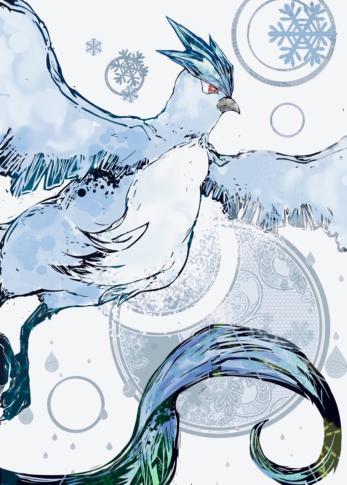 bwmtk1110, articuno, nintendo, pokemon, highres, animal focus, beak, bird, blue feathers, closed mouth, feathers, flying, full body, gen 1 pokemon, legendary pokemon, looking to the side, no humans, pokemon (creature), red eyes, simple background, snowflakes, solo, talons, white background, wings