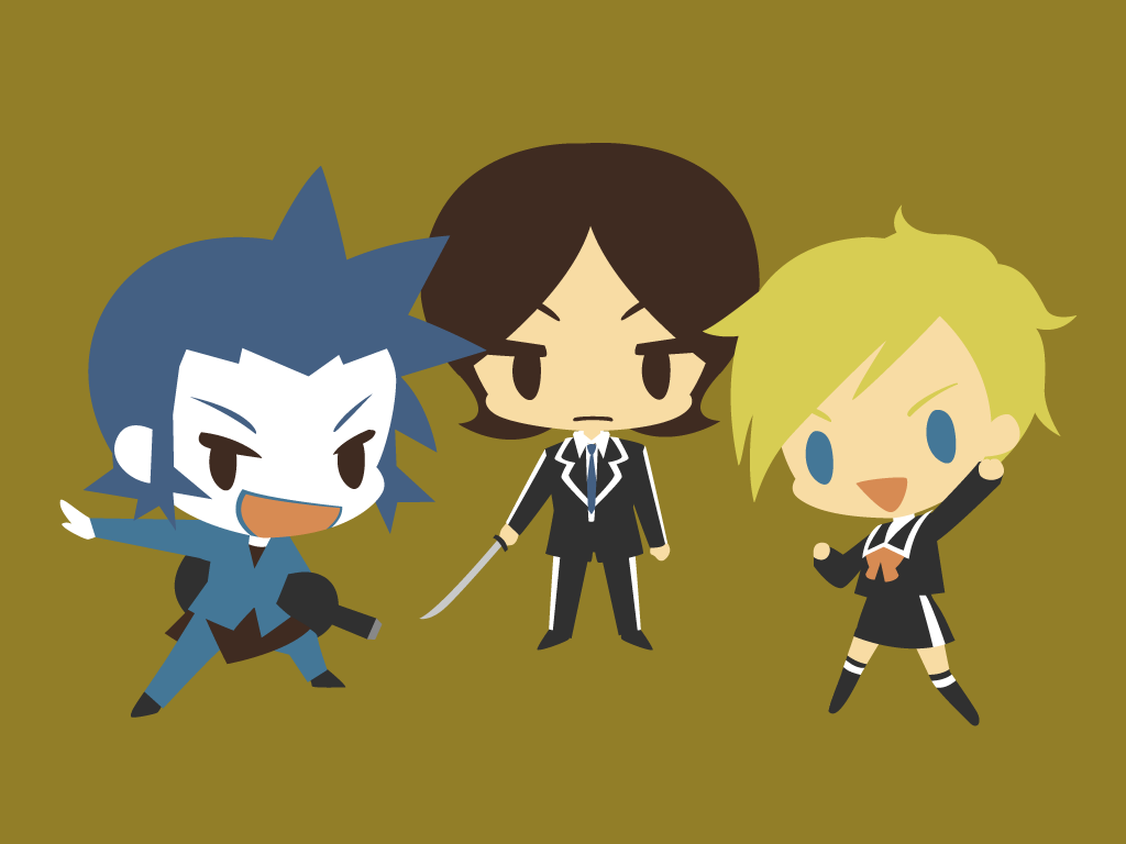 lisa silverman, mishina eikichi, suou tatsuya, atlus, persona, persona 2, persona 2 tsumi, 1girl, 2boys, chibi, eikichi mishina, multiple boys, sword, weapon