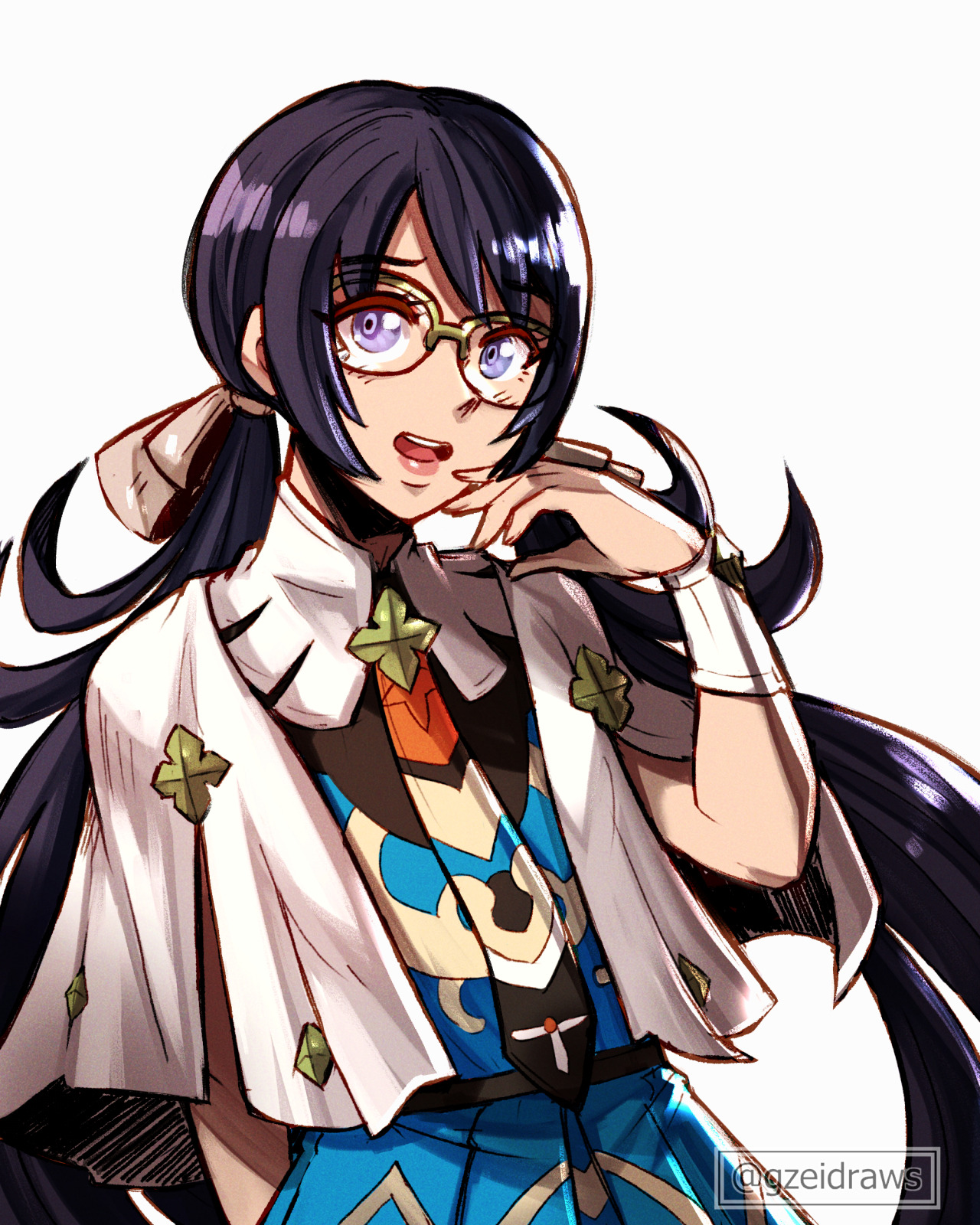 gzei, fire emblem, fire emblem: fortune's weave, nintendo, commentary, english commentary, highres, 1girl, black hair, blush, glasses, lips, long hair, low twintails, open mouth, pink lips, purple eyes, simple background, smile, solo, teeth, twintails, upper teeth only, very long hair, white background