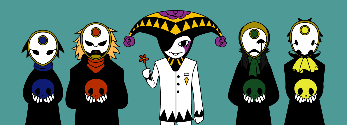 amamiya ren, joker (persona 2), king leo, king leo (persona 2 tsumi), kurosu junko, lady scorpio, lady scorpio (persona 2 tsumi), prince taurus, prince taurus (persona 2 tsumi), queen aquarius, queen aquarius (persona 2 tsumi), sudou tatsuya, yoshizaka anna, atlus, persona, persona 2, persona 2 tsumi, 2girls, 3boys, chibi, mask, masquerade executives, multiple boys, multiple girls, sasaki ginji