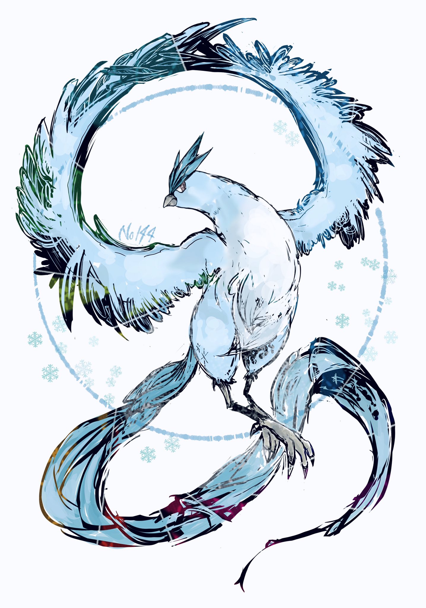 bwmtk1110, articuno, nintendo, pokemon, highres, animal focus, beak, bird, blue feathers, closed mouth, feathers, flying, full body, gen 1 pokemon, legendary pokemon, looking at viewer, no humans, pokemon (creature), red eyes, simple background, snowflakes, solo, talons, white background, wings