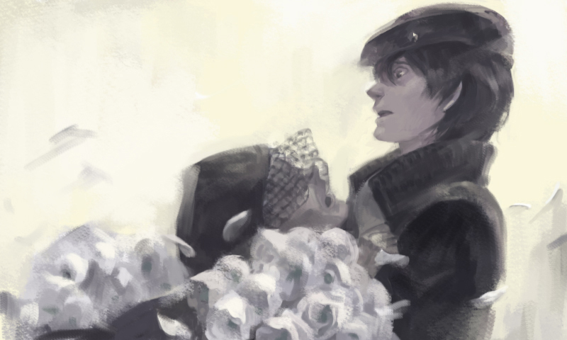 nishihara isao, jessica edwards, yang wen-li, ginga eiyuu densetsu, bad id, bad pixiv id, 1boy, 1girl, black hair, bouquet, flower, from side, hat, long sleeves, open mouth, profile, rose, shirt, simple background, upper body, veil, vest, white flower, white rose, yellow background