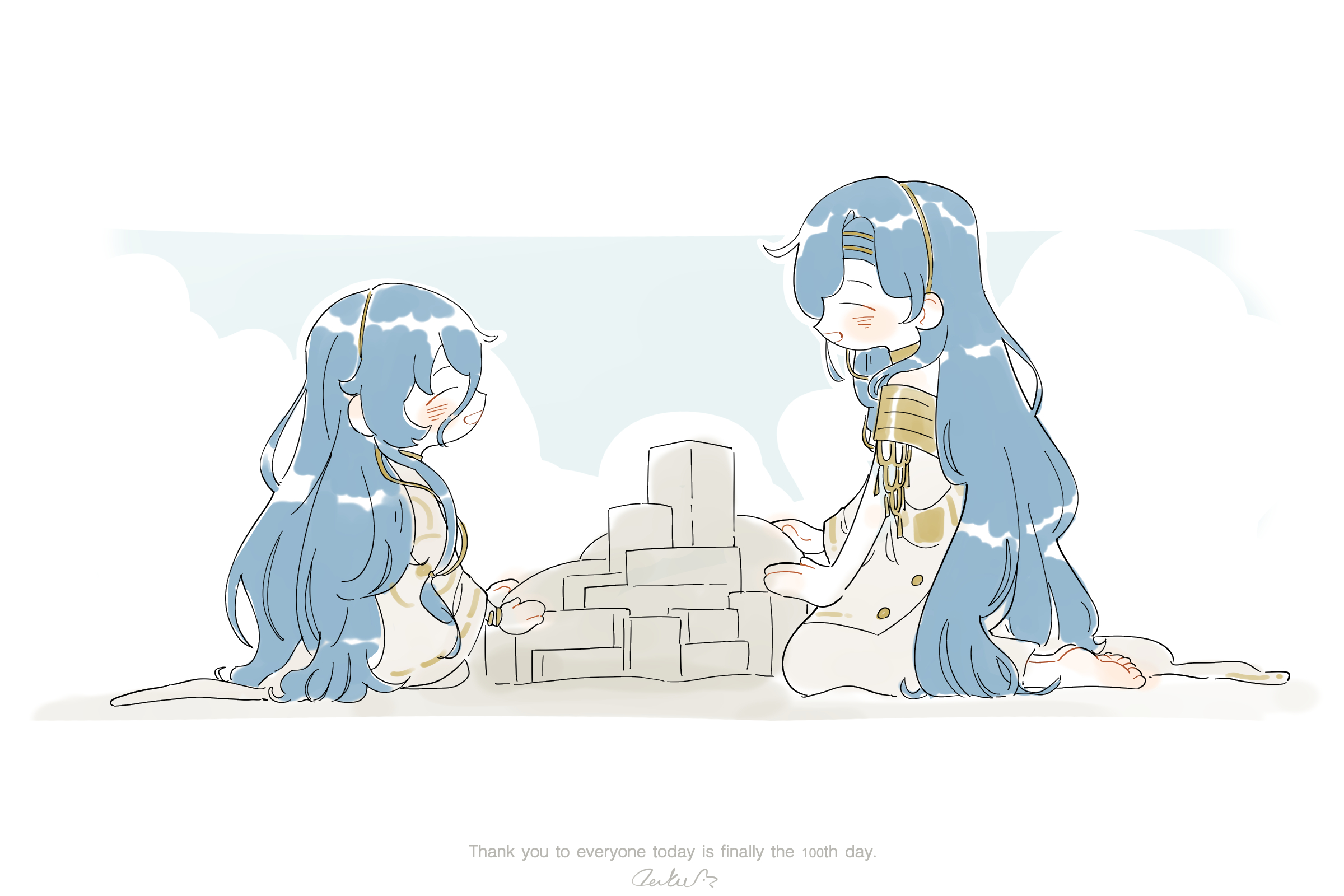 daku k, 37 (reverse:1999), reverse:1999, highres, 2girls, ^ ^, aged down, ancient greek clothes, barefoot, blue hair, blue sky, closed eyes, cloud, english text, face-to-face, from side, greco-roman clothes, letterboxed, long hair, multiple girls, open mouth, outside border, profile, sand castle, sand sculpture, seiza, sitting, sky, smile, time paradox, toga, very long hair