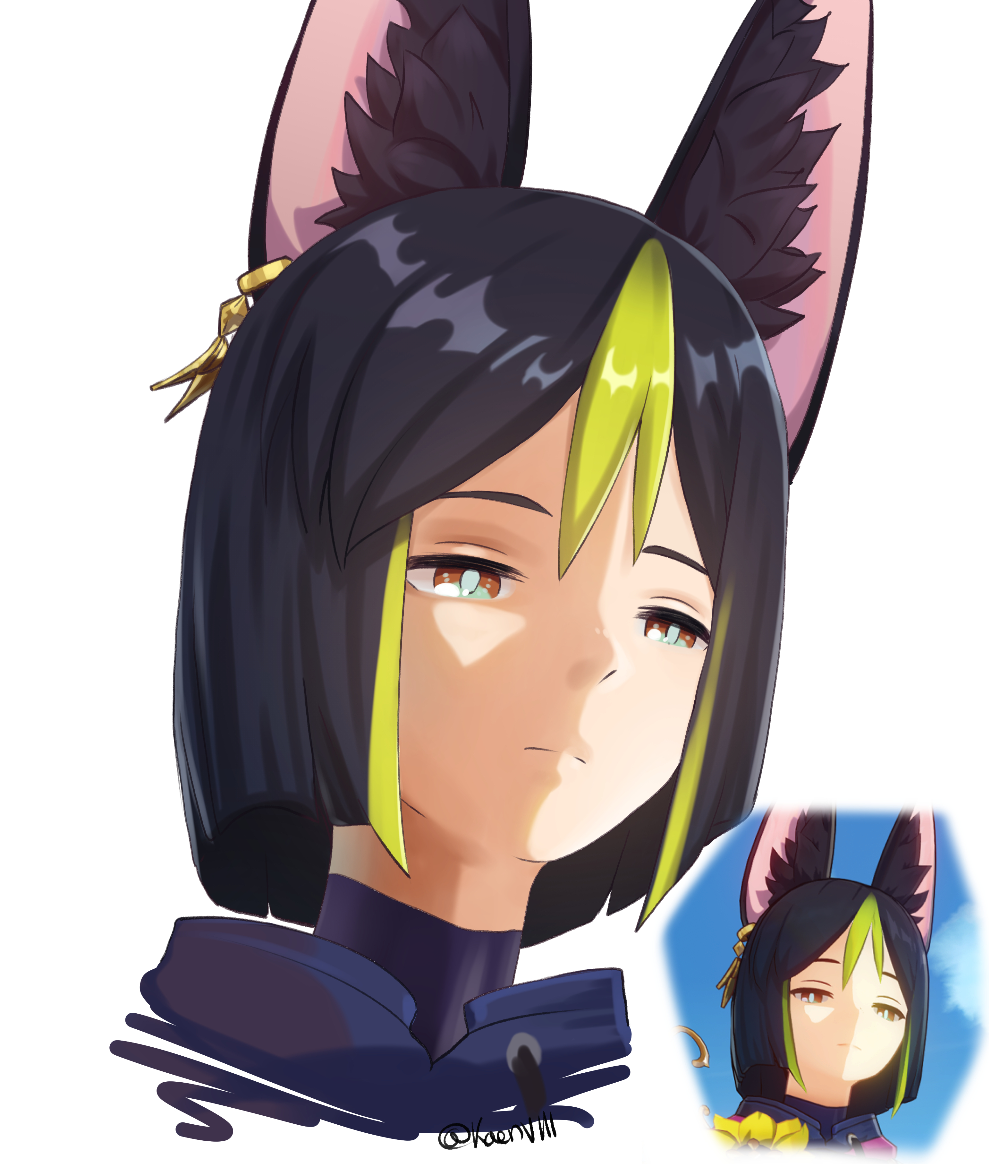 tighnari (genshin impact), genshin impact, absurdres, highres, 1boy, animal ear piercing, animal ears, ear piercing, green hair, jackal boy, jackal ears, kaenviii, male focus, multicolored hair, piercing, portrait, reference inset, signature, solo