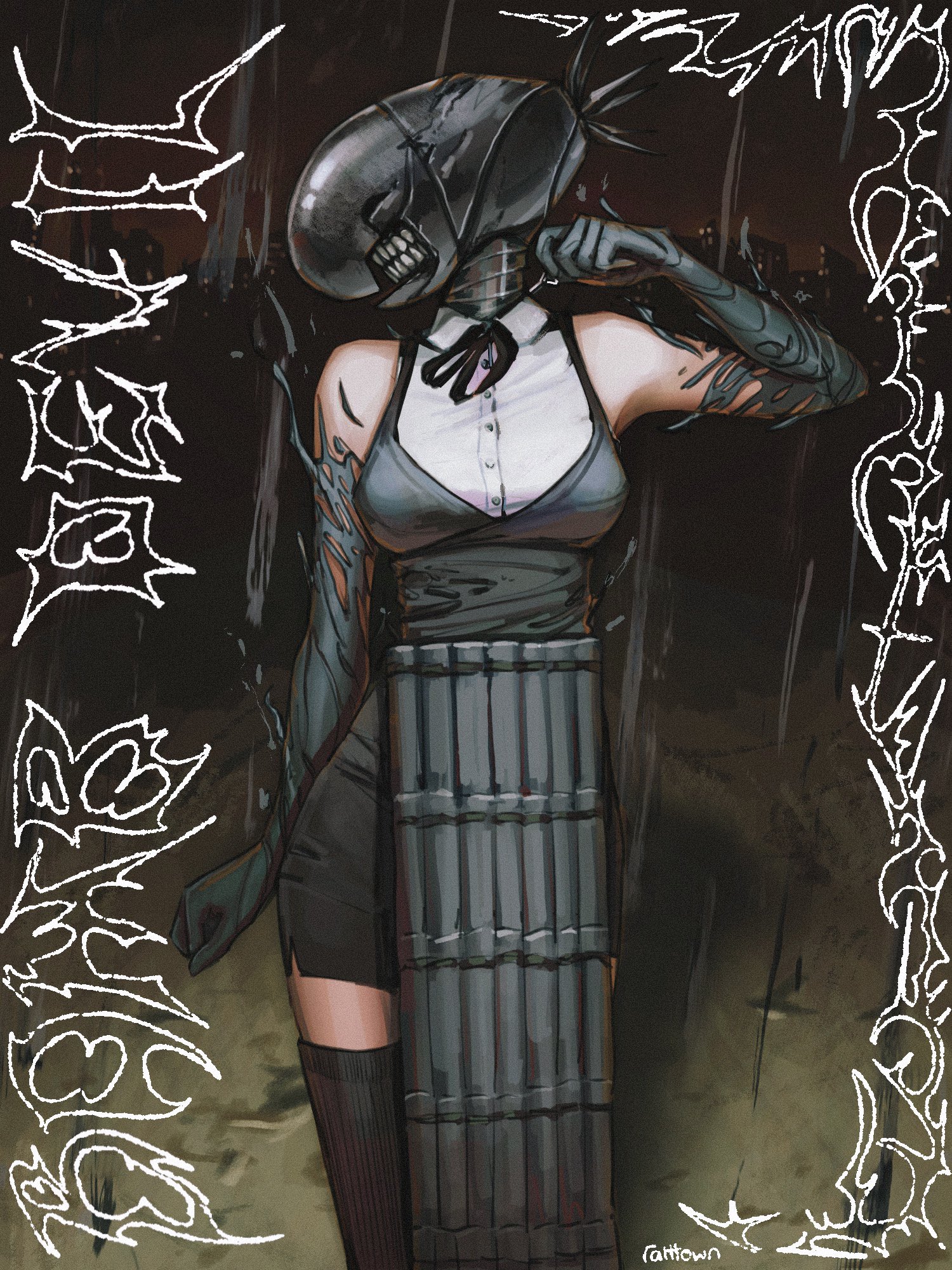 ratttown, bomb devil (chainsaw man), chainsaw man, commentary, english commentary, highres, 1girl, apron, artist name, black apron, black gloves, black ribbon, black shorts, black thighhighs, breasts, character name, dynamite, elbow gloves, explosive, gloves, medium breasts, neck ribbon, object head, ribbon, shirt, shorts, sleeveless, sleeveless shirt, solo, teeth, thighhighs, white shirt