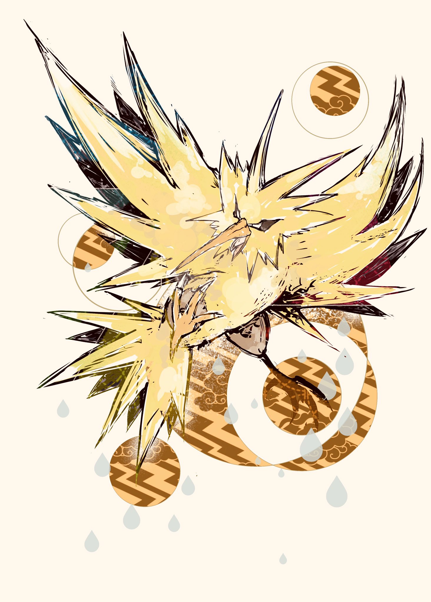 bwmtk1110, zapdos, nintendo, pokemon, highres, animal focus, beak, bird, black sclera, colored sclera, feathers, flying, full body, gen 1 pokemon, legendary pokemon, looking at viewer, no humans, open mouth, pokemon (creature), simple background, white eyes, wings, yellow background, yellow feathers