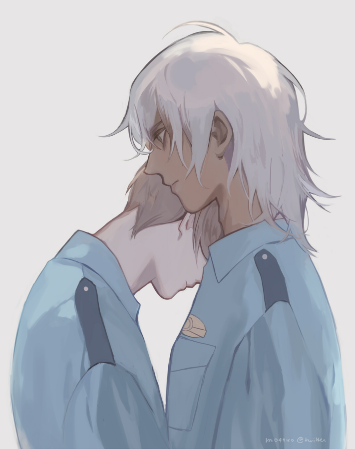 mo49ko, akutsu mabu, niiboshi reo, sarazanmai, commentary request, 2boys, adam's apple, blonde hair, brown hair, closed mouth, expressionless, from side, grey background, male focus, multiple boys, police, police uniform, sad, short hair, simple background, tan, upper body
